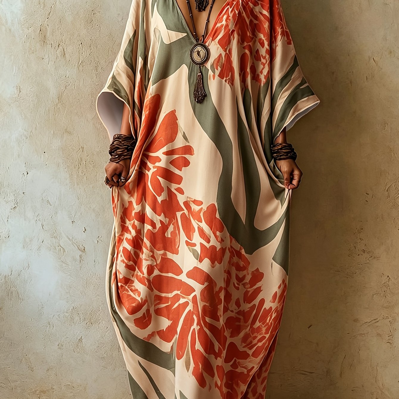 TEMU Vintage Abstract Floral Random Print Loose Kaftan Maxi Dress, Exotic Style Casual Beach Cover-up Long Sleeve Dress Cover-up, Suitable For ,
