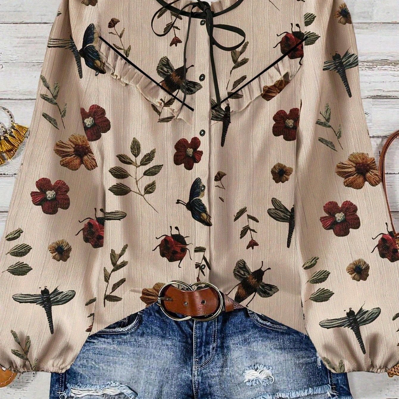 TEMU Spring And Autumn Women's Casual Retro Daily Plant Floral Print Long Sleeve Shirt