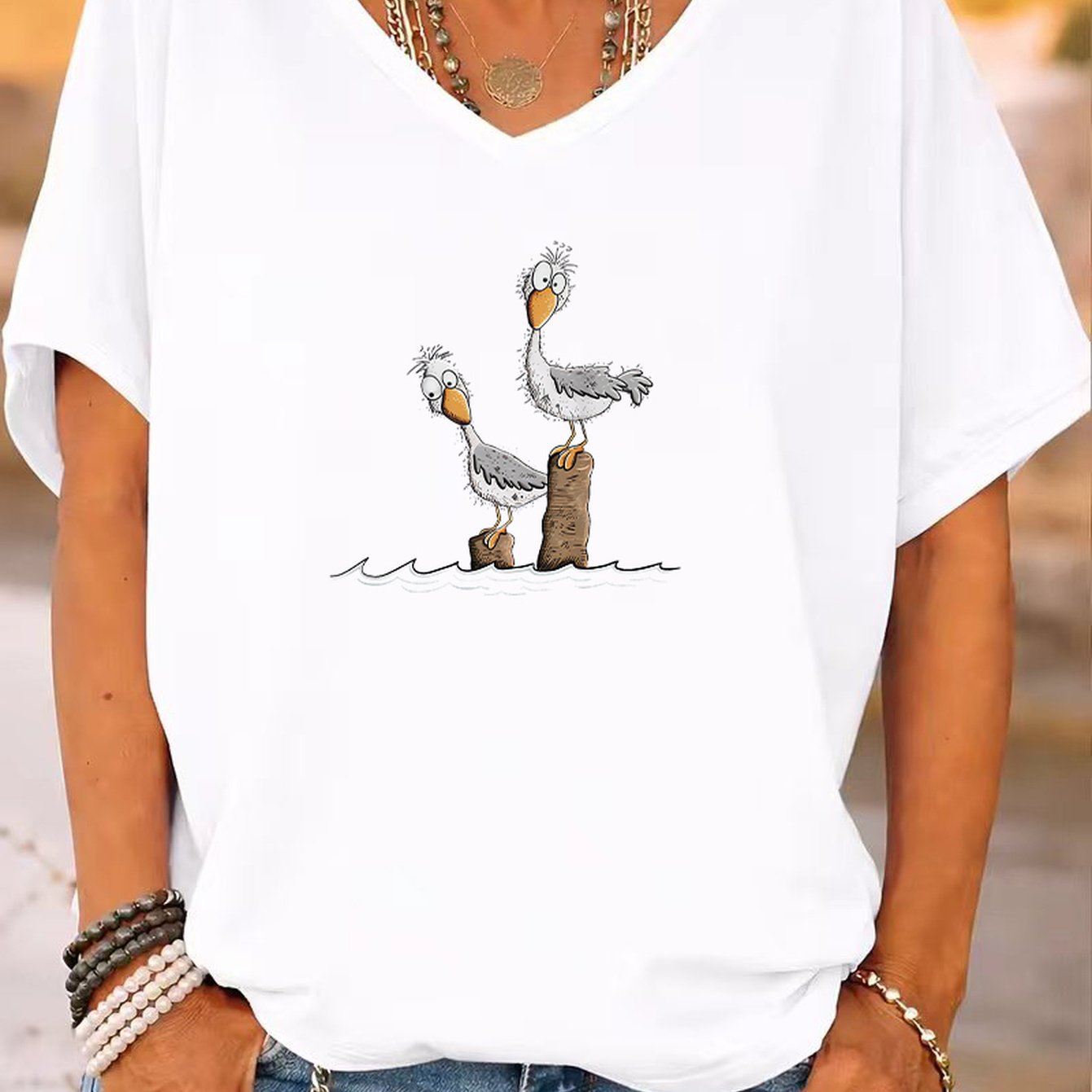 TEMU Plus Size, Plus Size Women V Neck T Shirt Loose Casual Short Sleeve Basic Versatile Top With Cartoon On Wooden Pile Print Daily Casual Tee