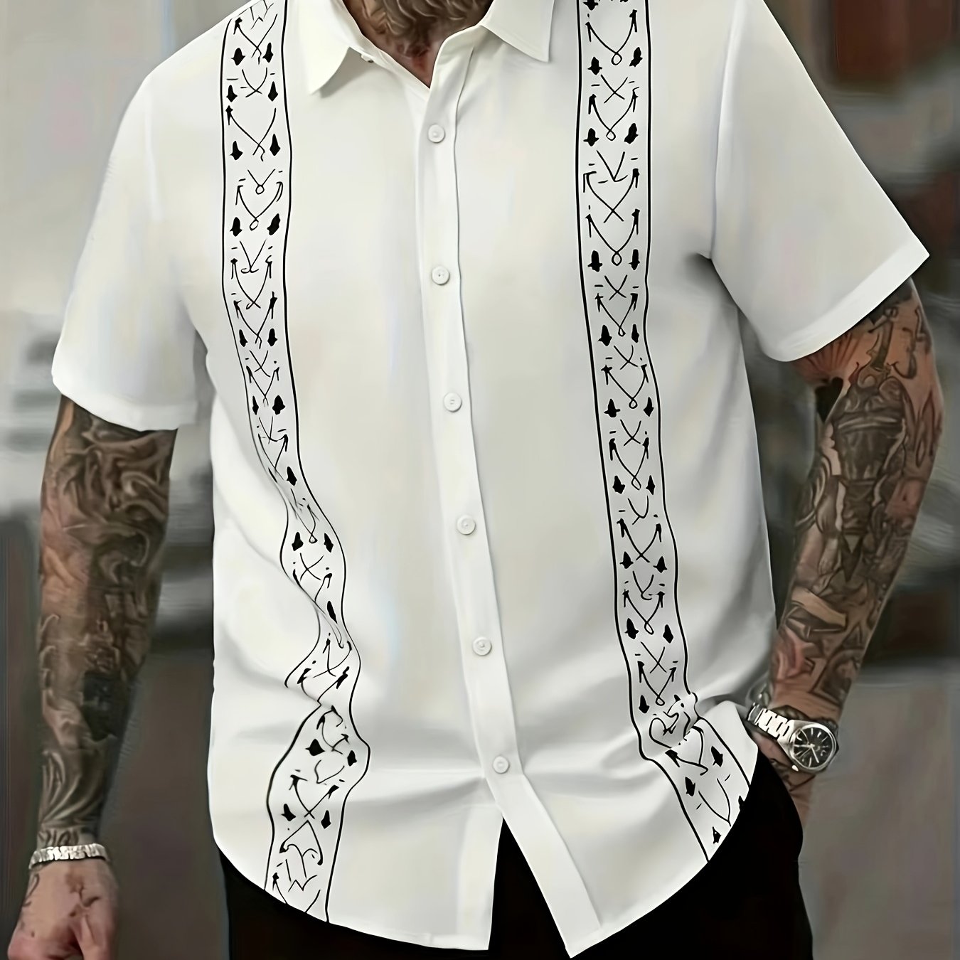 TEMU Men's Patterned Printed Short-sleeve Button- Casual Shirt Men' Casual Short-sleeve Shirt, Plus Size