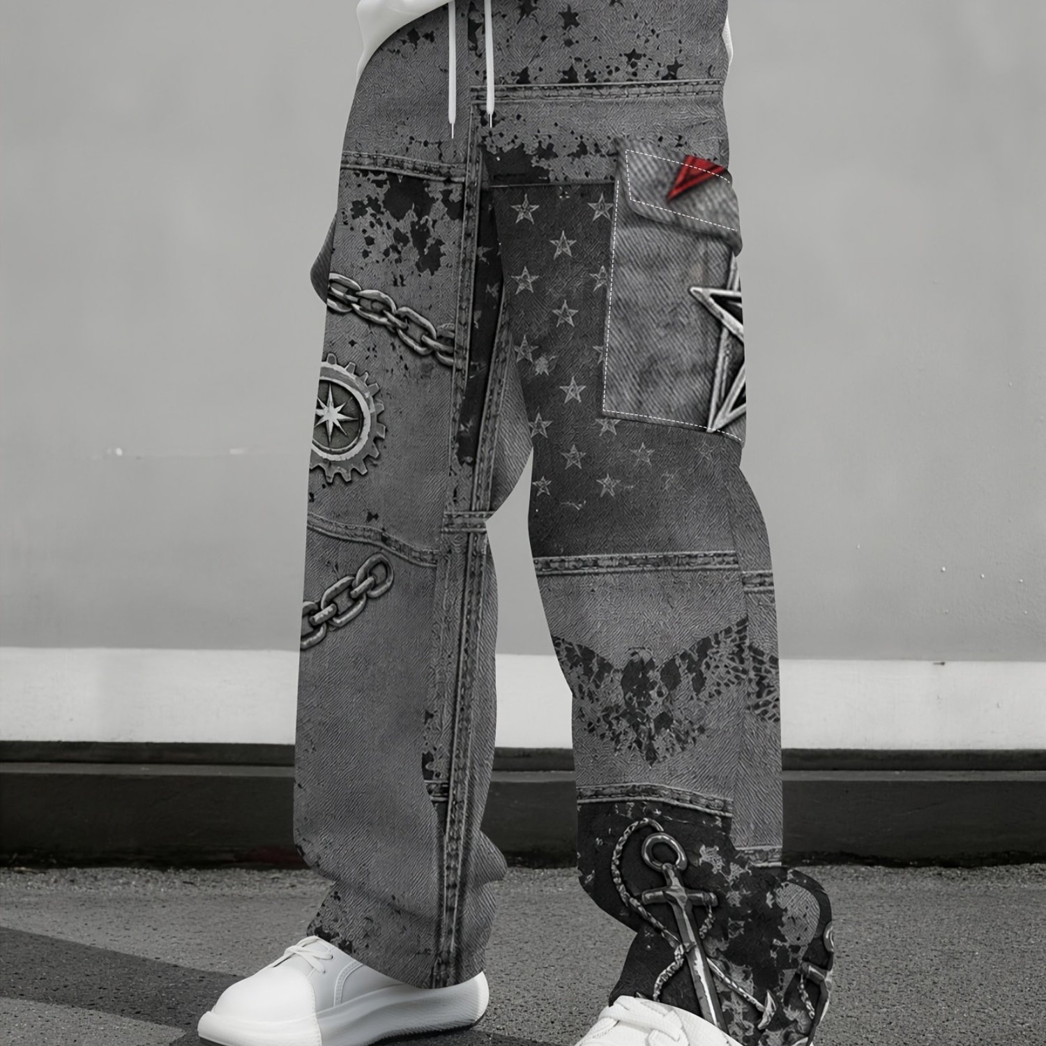 TEMU Men's Spring Autumn Versatile Loose Trousers, Trendy Grey Star Splash Print, Outdoor Sports Multi- Casual Denim