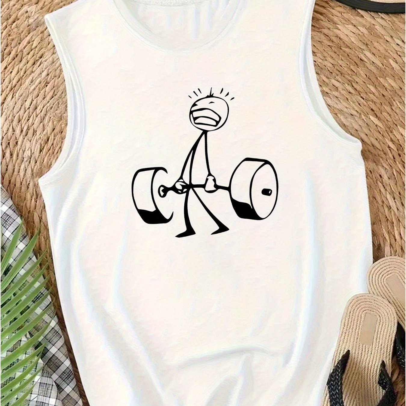 TEMU Fitness-loving Character Print Round-neck Tank Top, A Casual Sleeveless Top For Spring And Summer, Women's Clothing Suitable For