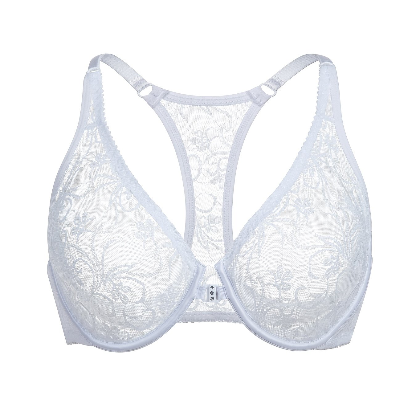 TEMU Plus-size Sexy Bra | 3/4 Cup Underwire With Deep V Front Closure, Sheer Mesh Lace Unlined , Beautiful Back Ultra Thin | Solid Color, Stretch