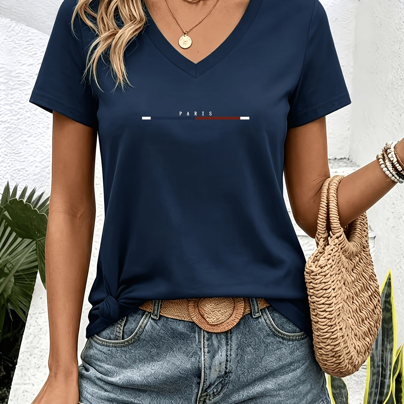 Women's Casual Short Sleeve V-neck T-shirt - Paris Letter Print Blue And , Vibrant Red Loose Fit Spring Summer Autumn Machine Washable Top, Slightly Stretchy Fabric Fashion Shirt
