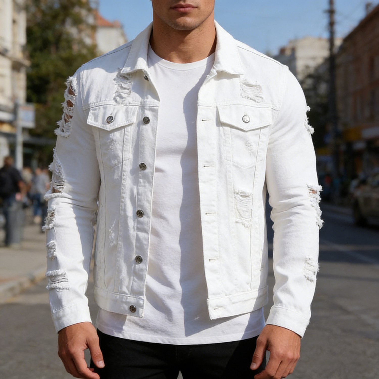 Image of Hme-037 Men' Ripped Frayed Denim Jacket High-street Trendy Cargo Coat Streetwear Retro Casual Denim Top