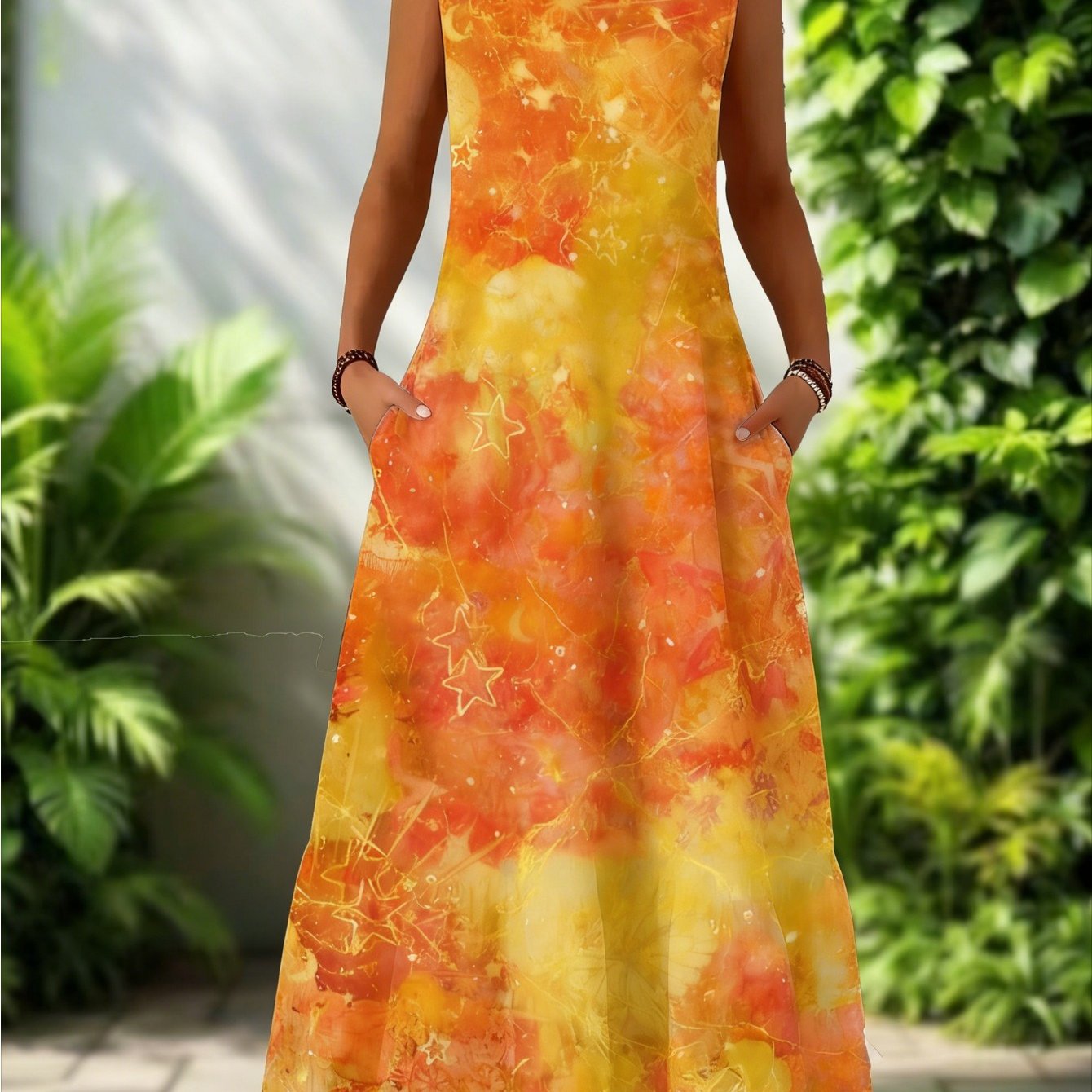 Image of Plus Size - Plus Size - Plus Size Elegant Sleeveless Dress, Colorful Floral Print | Breathable Fabric, , Loose H-cut, Mid-length Horn Shape, Wear, Crew Neck, Regular Fit, Pockets, Durable Material