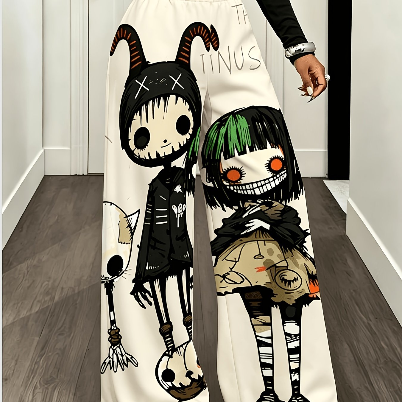 TEMU Gothic Kawaii Cartoon Printed Women's Trousers, Mixed Colors, Multiple Sizes , Fashionable And Comfortable For Daily Wear, Adds Trendy Charm