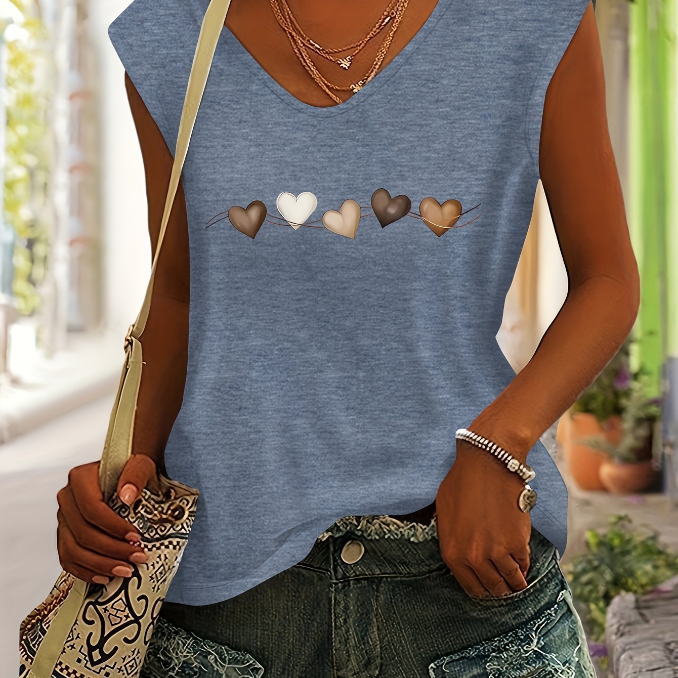 TEMU 5 Heart Pattern Print Women's Spring And Summer Clothing Top Daily Comfortable Easy Casual Versatile Colored V-neck Raglan Short-sleeved T-shirt