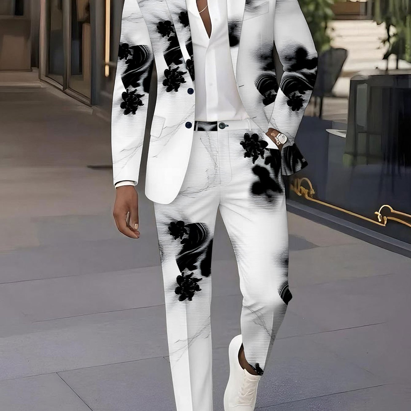 TEMU Ensemble costume pour homme avec imprimé numérique, comprenant un blazer et un pantalon à imprimé tendance. Cette tenue de Noël présente un