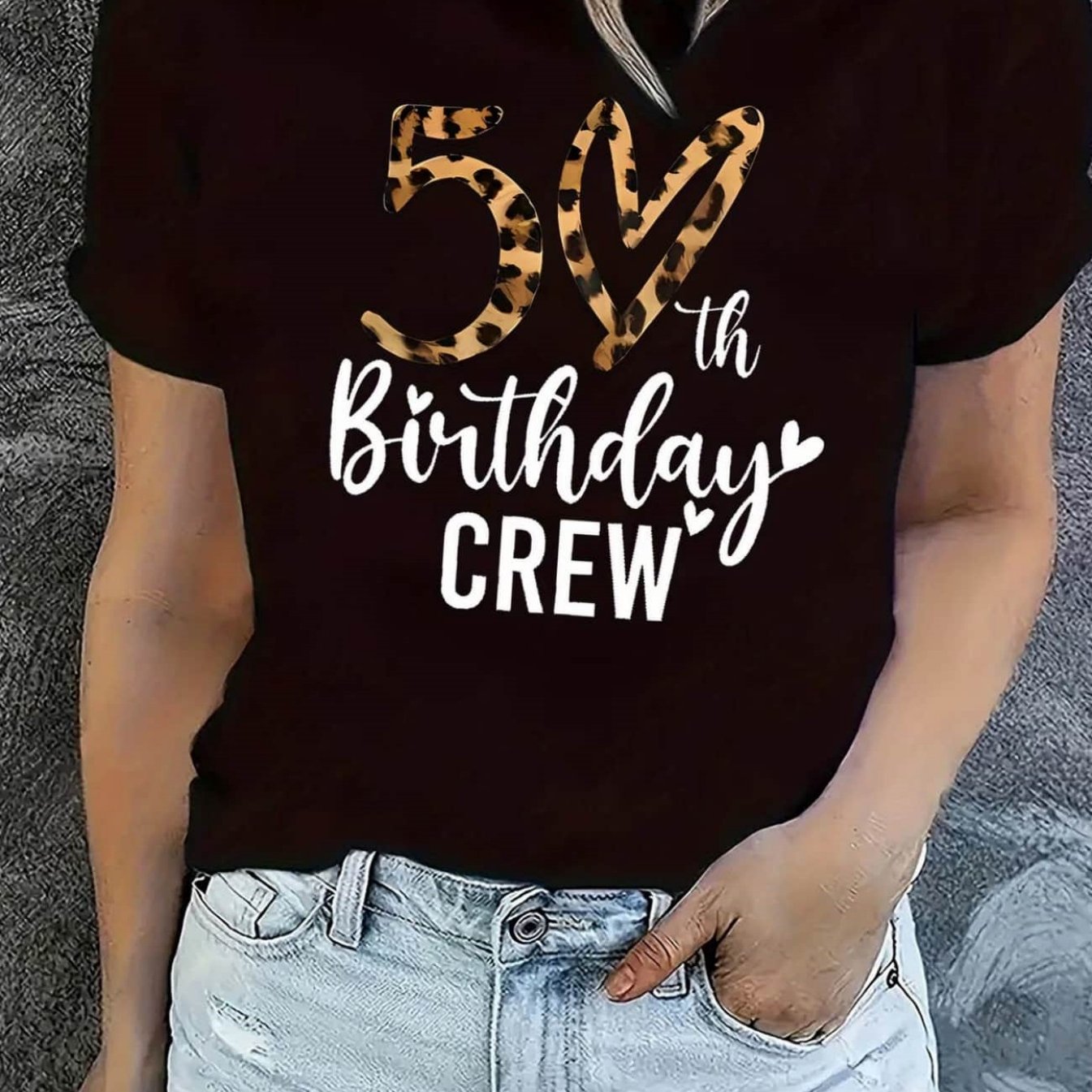 TEMU Leopard Print "50th Birthday" And Shiny Golden Lettering Printed Women's Round-neck Short-sleeve T-shirt