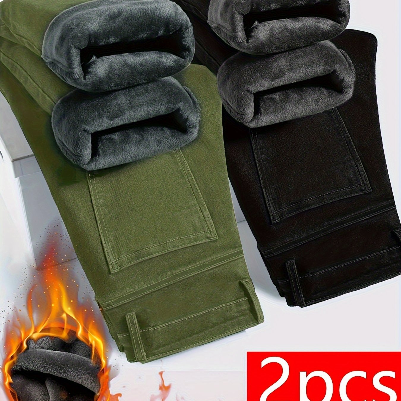 TEMU 2pcs Men's Slim Fit Fleece Lined Jeans - Business Casual Thermal Trousers For Winter