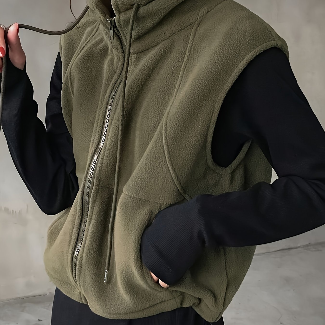 Solid Color Zipper Stand Collar Sleeveless Vest Jacket, Casual Drawstring Coat, Suitable For Spring, Summer, Autumn, Winter, Women's Clothing