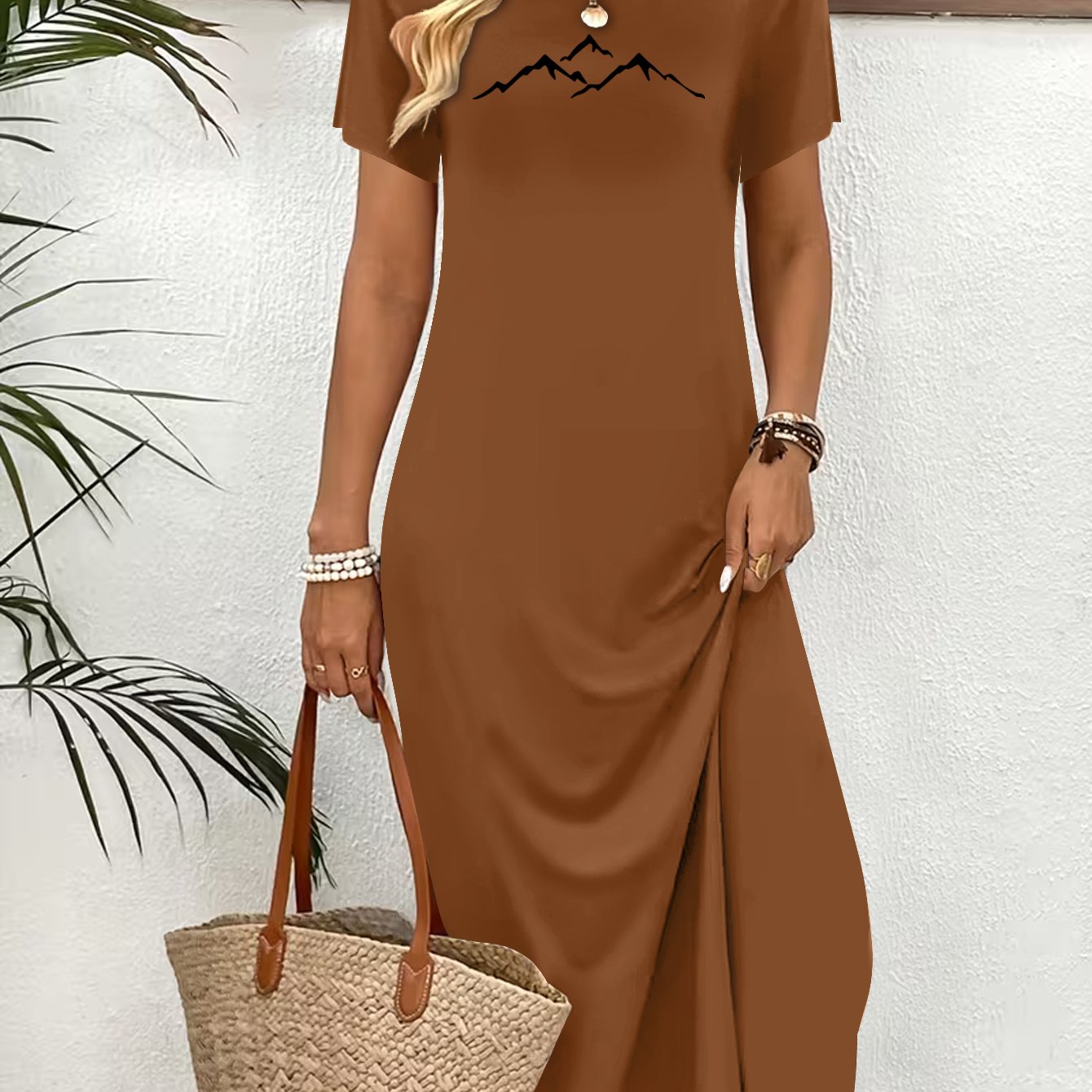 TEMU Summer Women's Fashion Dresses, Mountain Print Round Neck Short Sleeve Casual Dress, Elegant And Unique Dress, Soft And Loose, Breathable,