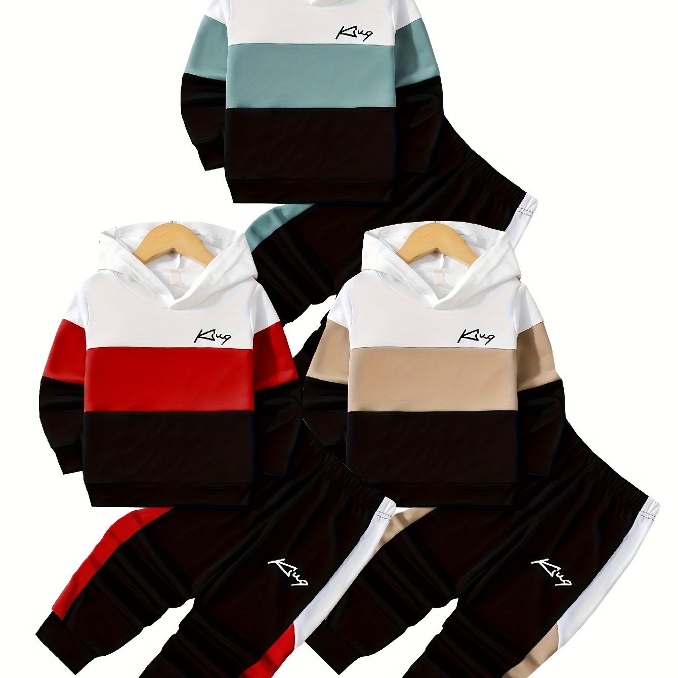Image of Boys' Letter Print "kiug" Hooded Fashion Sweatshirt 2pcs Set Red, Pea Green, Khaki 3-, For Outdoor