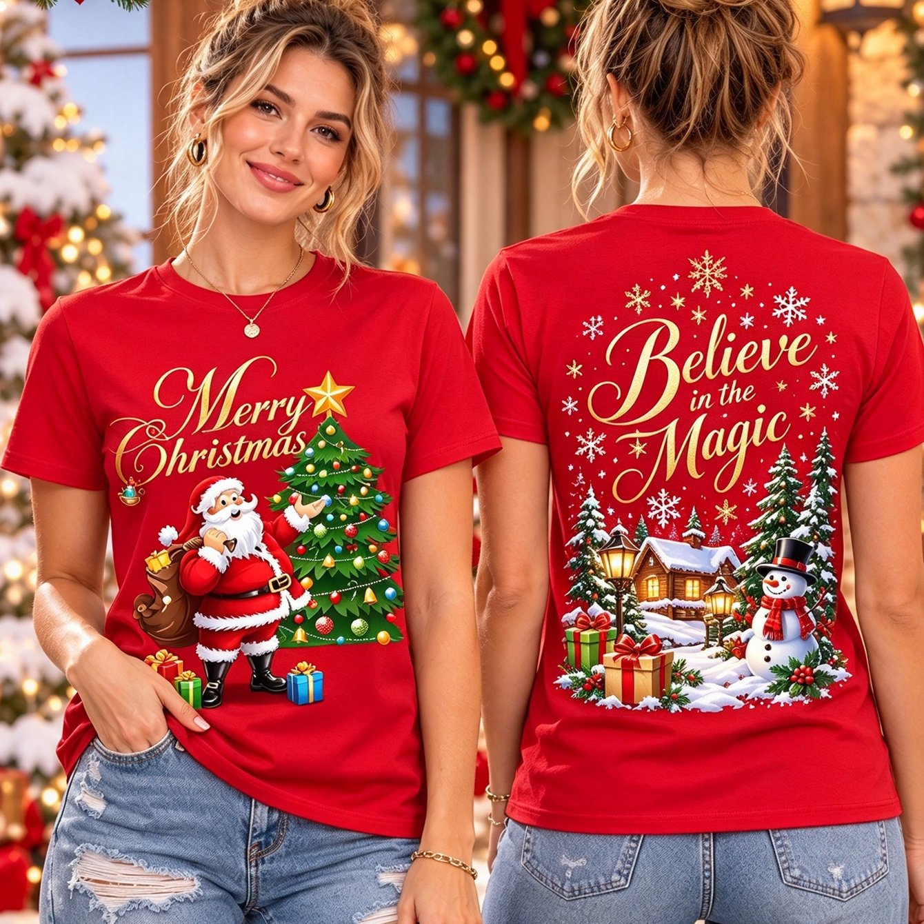 TEMU Women's Festive Christmas Graphic Print Short Sleeve Crew Neck T-shirt Santa Claus Christmas Tree Snowman Gifts Golden Lettering Casual Holiday