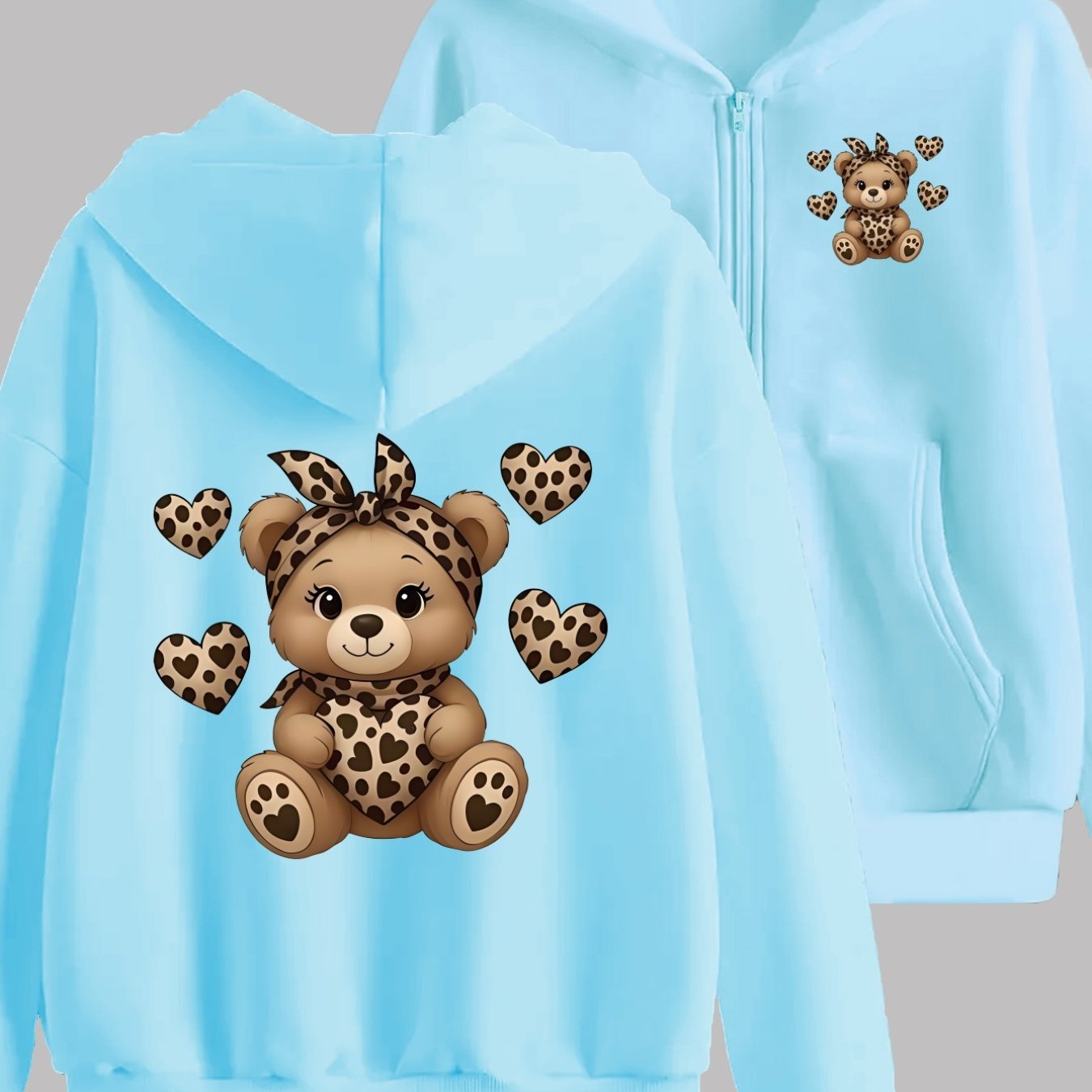 TEMU Cute Leopard Print Bear Heart Pattern Adorable Front And Back 2-pattern Print - Y2k Zip-up Hoodie With Hat - Fashionable And Comfortable Zip-up