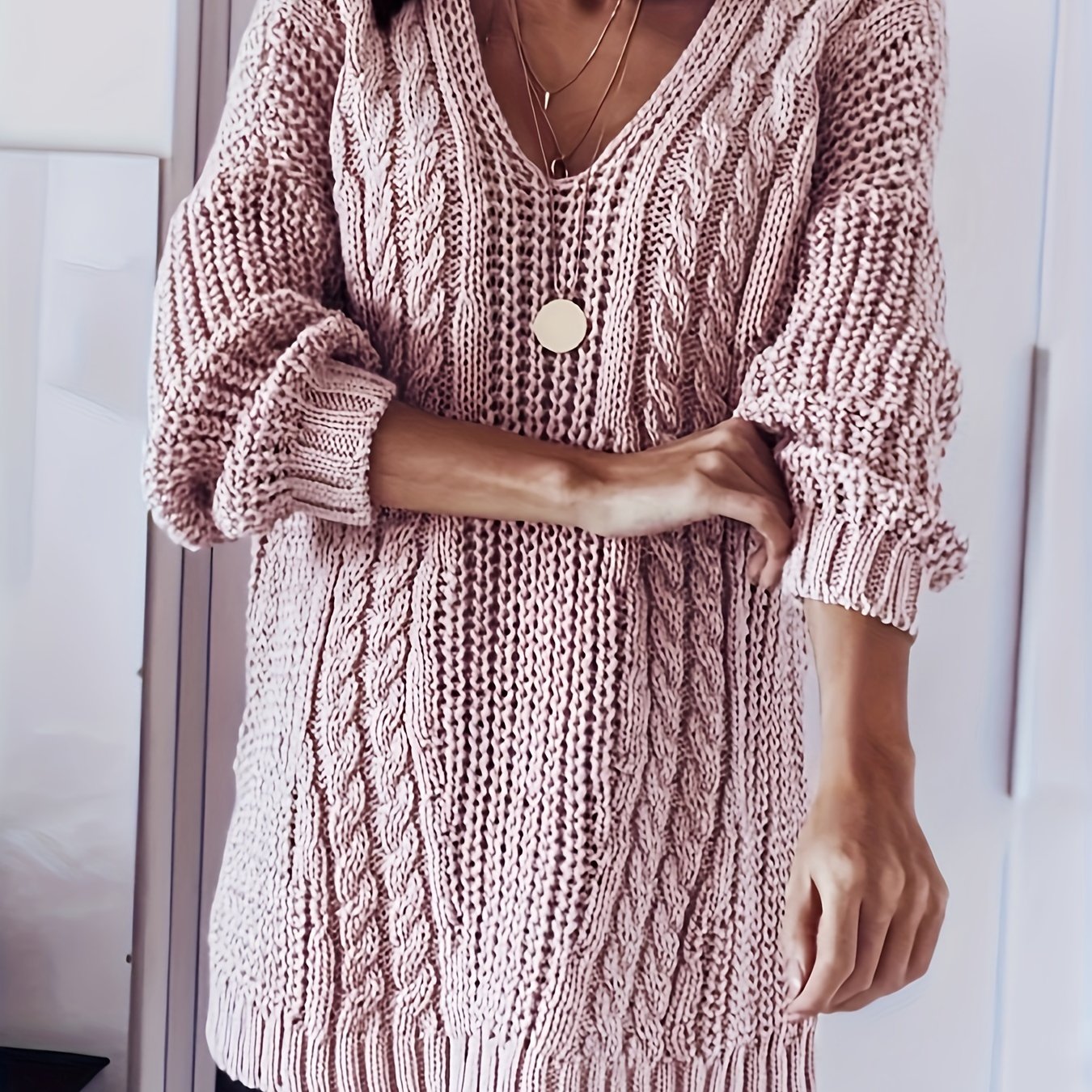 Women's Plus Size V-neck Sweater - Soft Stretchy Solid Color Pullover, Elegant , Hand Wash Only, Versatile Casual & Formal Wear, Everyday , Sleeve Design, Highelasticity Fabric
