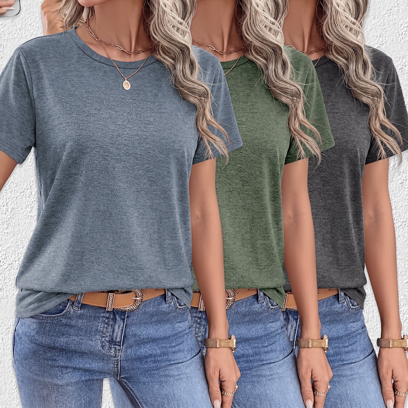TEMU 3pcs Women's 3pcs Pack Short Sleeve T-shirts - Round Neck Basic Solid Color Blouse Suitable For , Casual Comfortable Breathable Casual Attire,