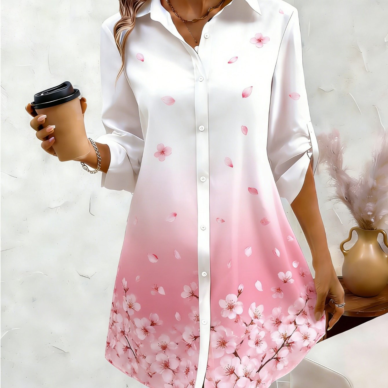 Image of Women'-based Pink Gradient Cherry Printed Shirt Dress, Loose Fit To Hide Body , Lapel Button Design, Long Sleeves That Rolled Up, Spring Style For Daily And Commuting.