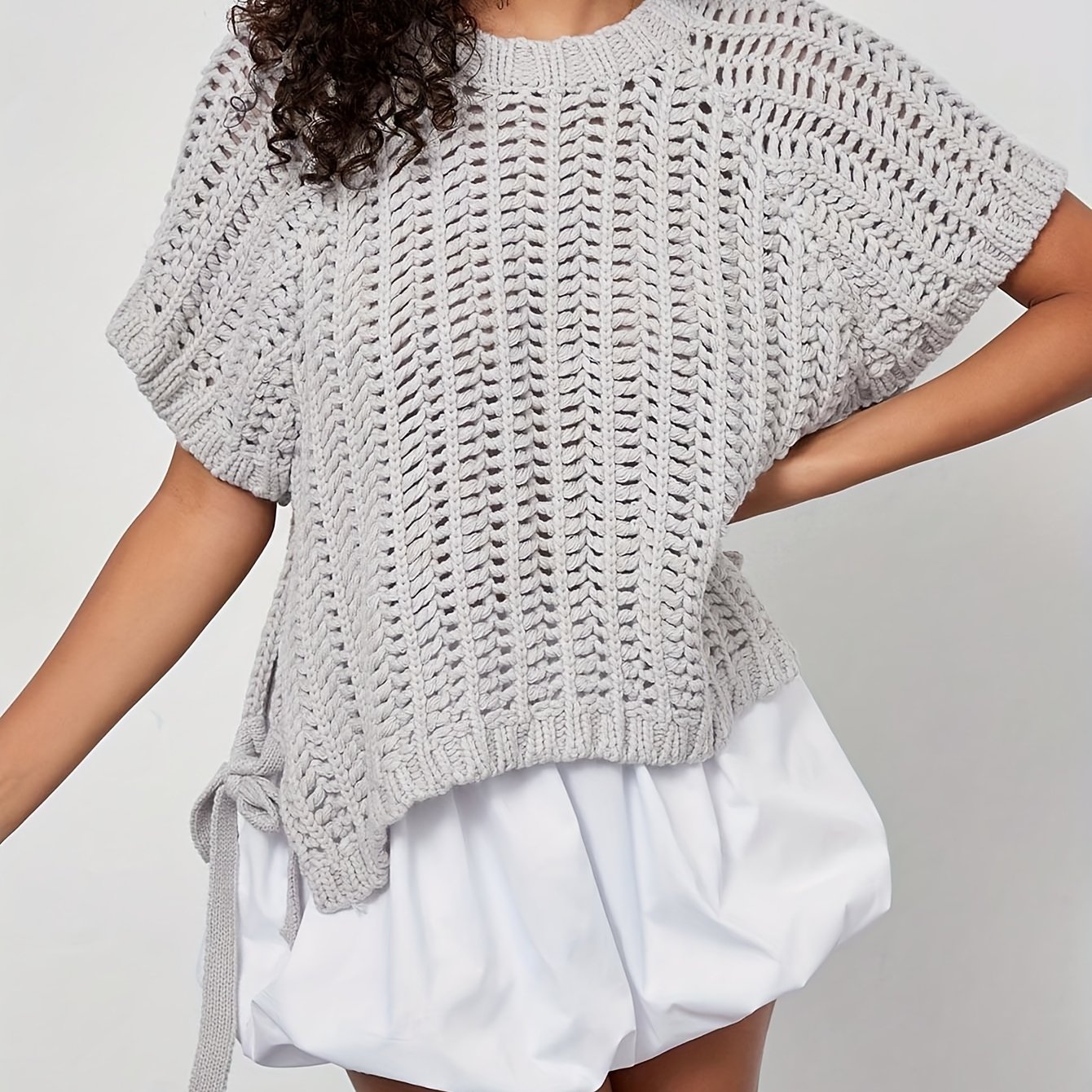 TEMU Pull décontracté femme à col rond, œillets et nœud devant, coupe