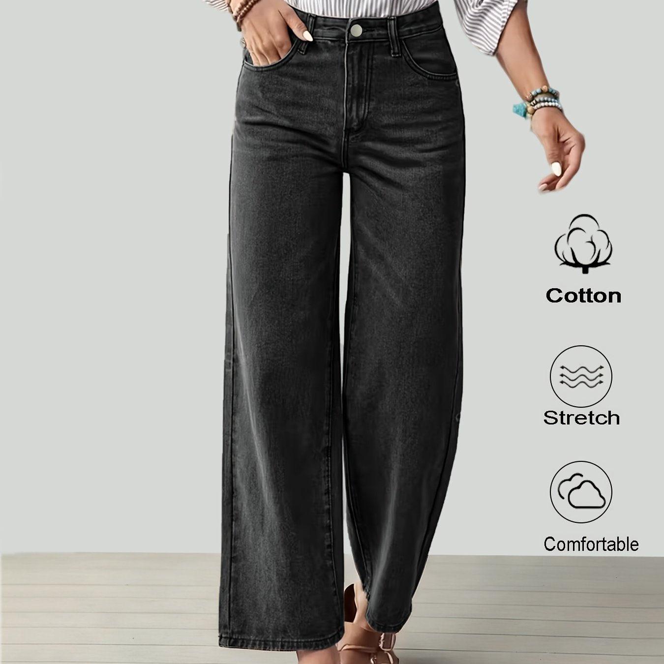 Image of Ladies' 2026 Loose Black Jeans, Washed Solid Color Denim Long Pants With Pockets, Elegant Ladies' Versatile , Comfortable Casual Pants, Loose Pants Suitable For Work, Travel And Office Wear