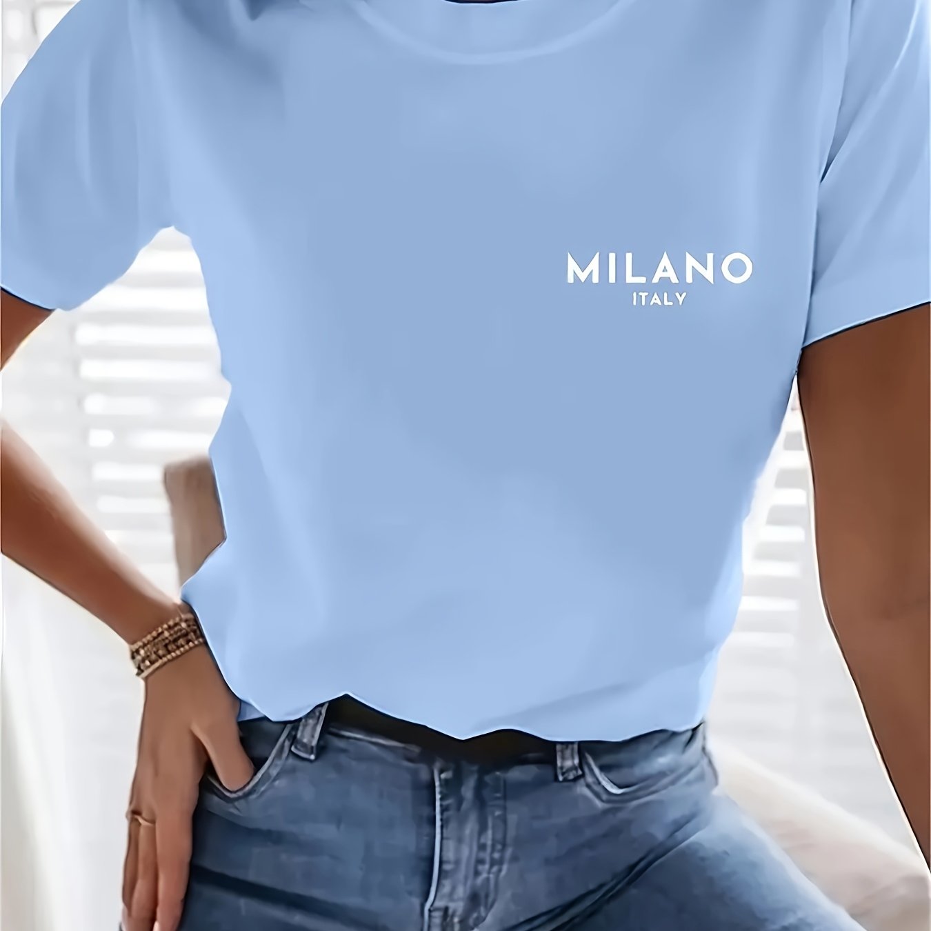 TEMU Dieses Damen-T-Shirt im neuen europäischen und amerikanischen Stil zeichnet sich durch eine frische, hellblaue Farbe mit Rundhalsausschnitt und