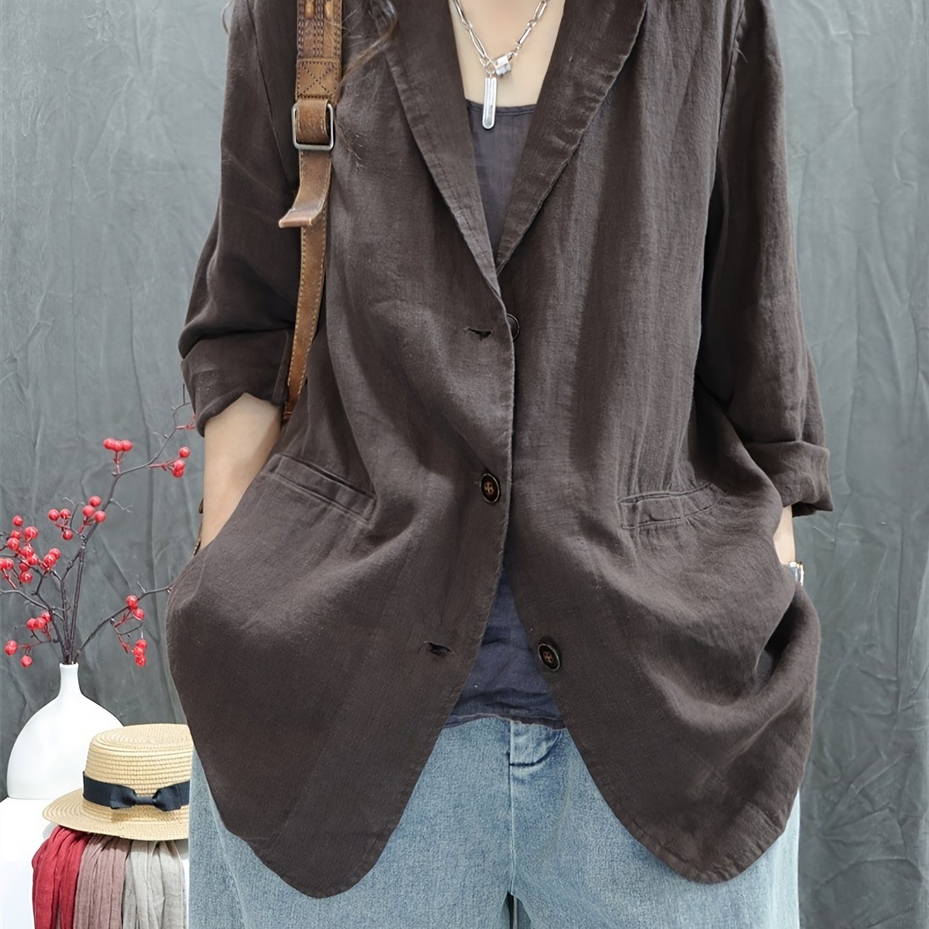 E-shop 2025 Frühjahr/Herbst Neu Leinenstil Uni-Farben Vintage Lockerer Schnitt Persönlichkeit Stilvoll Casual Vielseitig Langarm-Anzüge Elegant Pendler