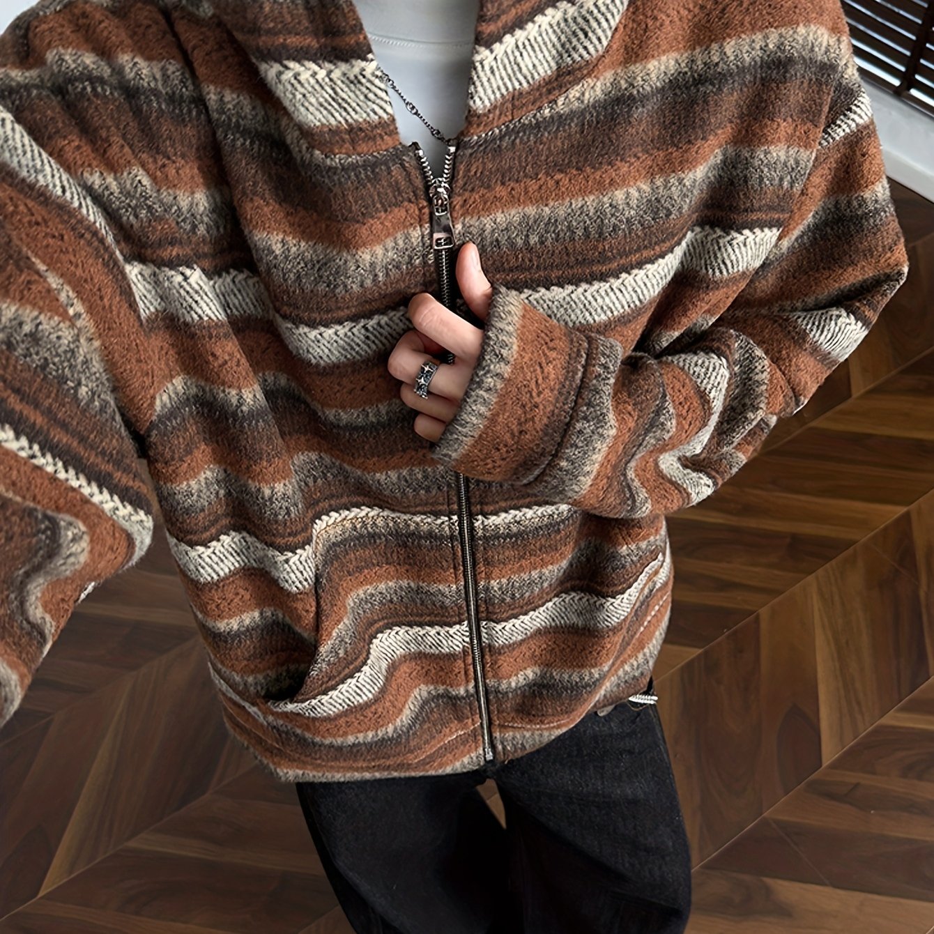 TEMU Men's Casual Sports Windbreakers And Jackets, Stylish And Trendy Striped Hooded Jackets With Large Pockets, Loose Fit, Casual Wear