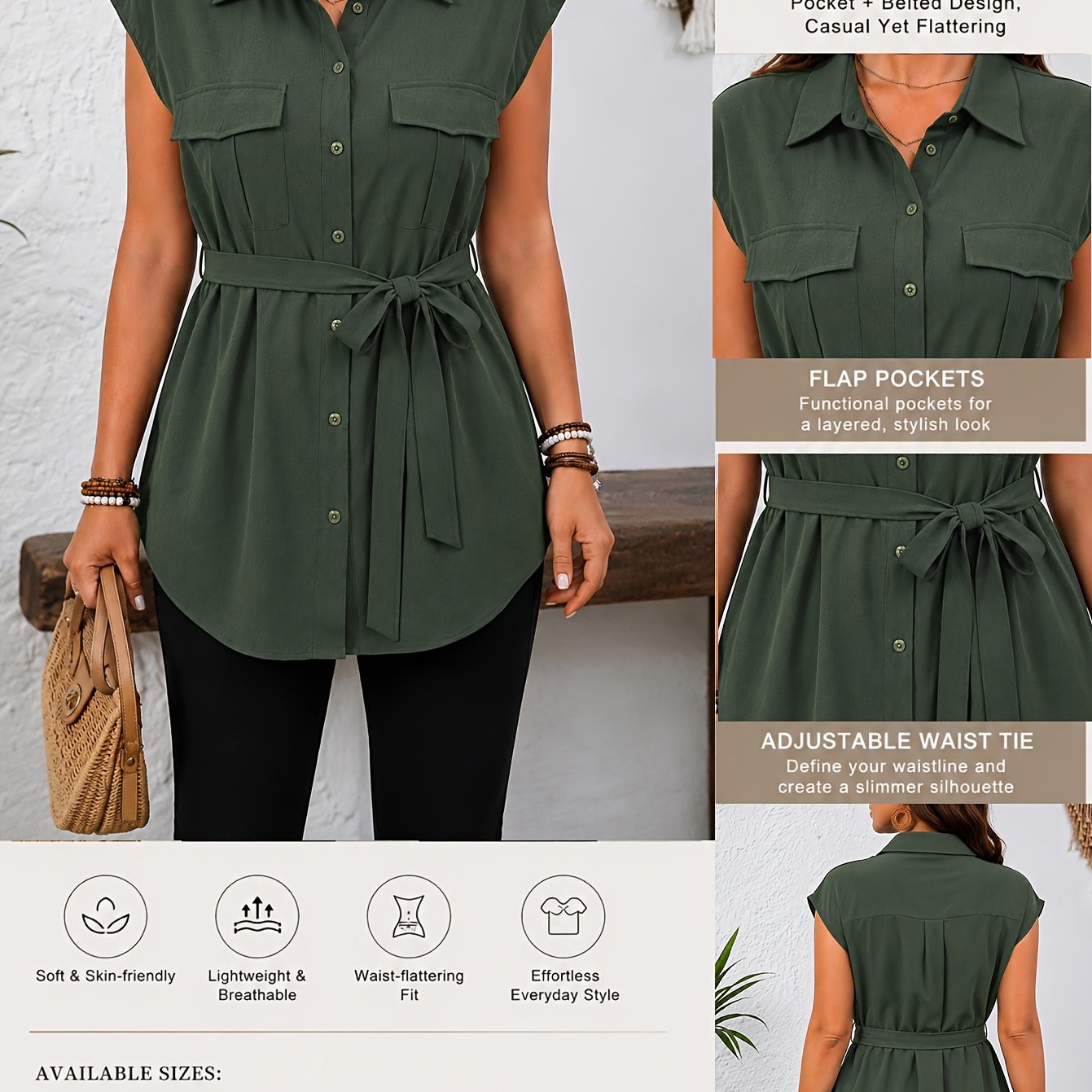 TEMU Women's Collared Button Front Cap Sleeve Tunic Blouse With Chest Pockets For Office, Workwear& Casual Attire