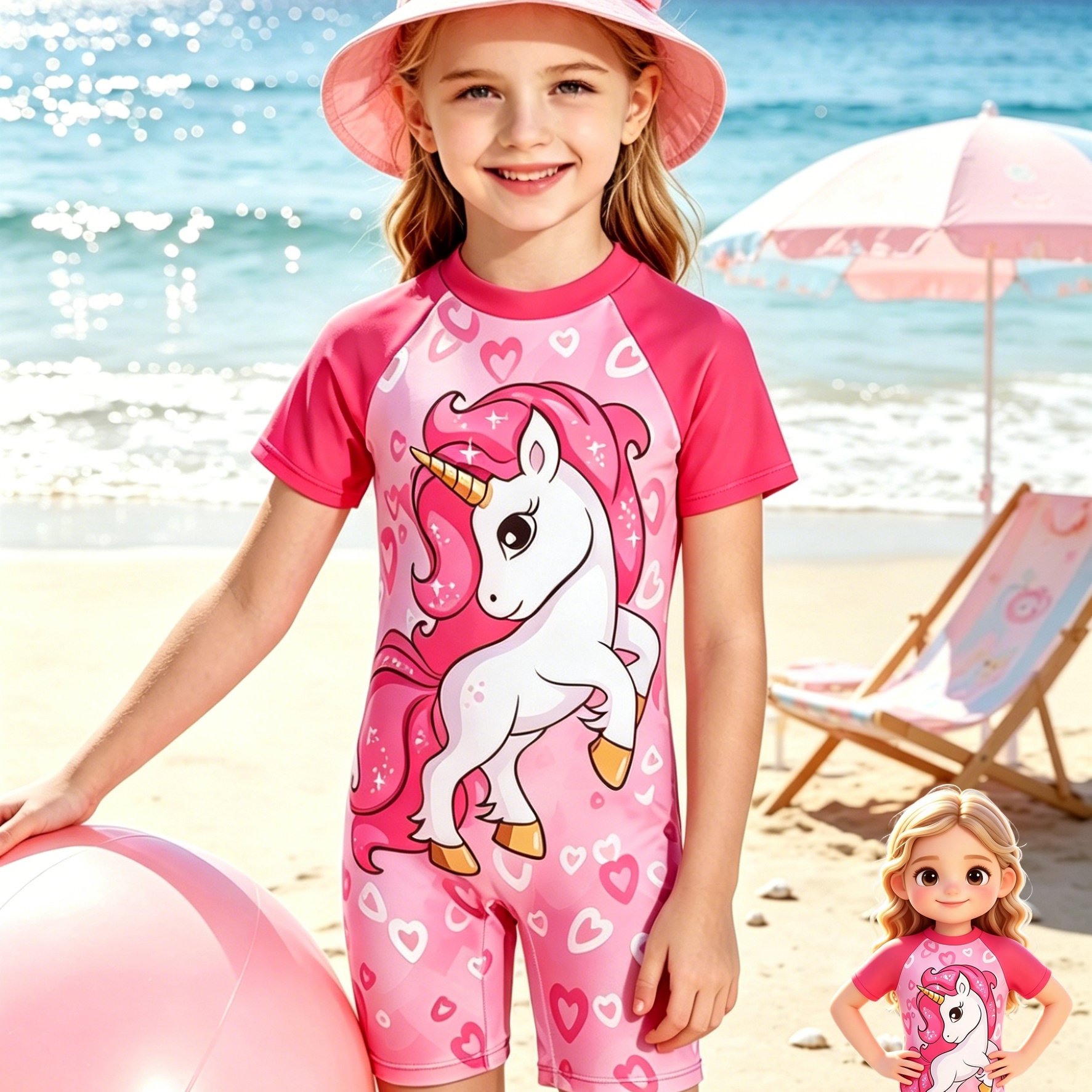 Cartoon Unicorn Print Girls' Spring/summer Beach Vacation 1pc Swimsuit