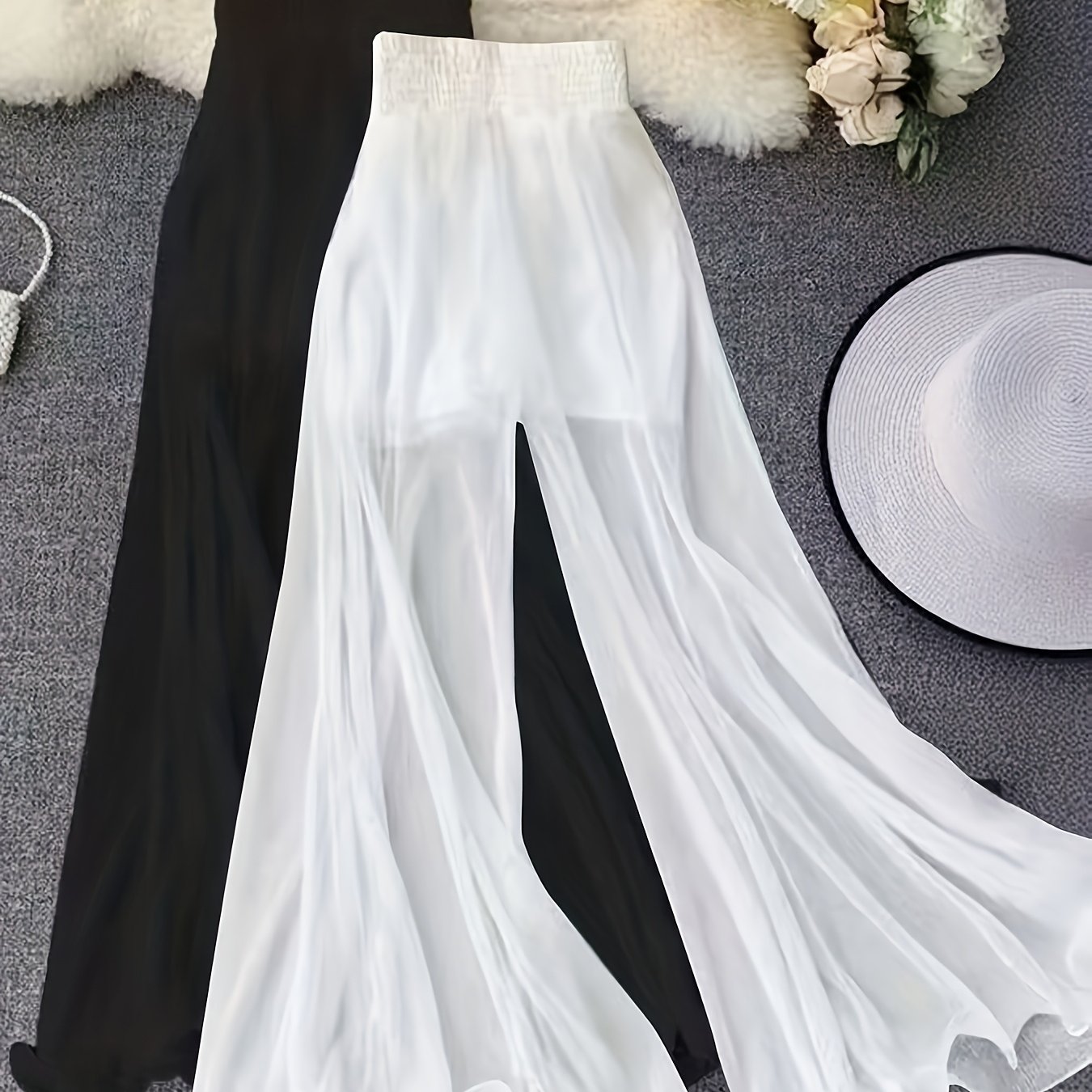 Image of Plus Size, Pair Of Women's High-waisted Semi-sheer Wide-leg Pants, Elastic Waistband Mesh Fabric, Loose Casual Trousers, Plus Size Fit, Semi-transparent Material