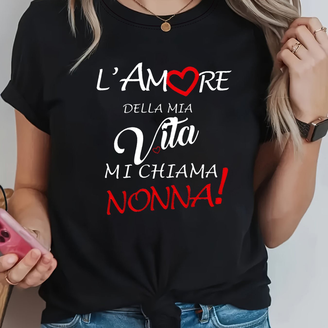 TEMU Women's Italian "l'amore Della Mia Vita Mi Nonna!" T-shirt - Italian Lettering Crew Neck Short Sleeve Top, Nonna Quote Gift Suitable For Grandma