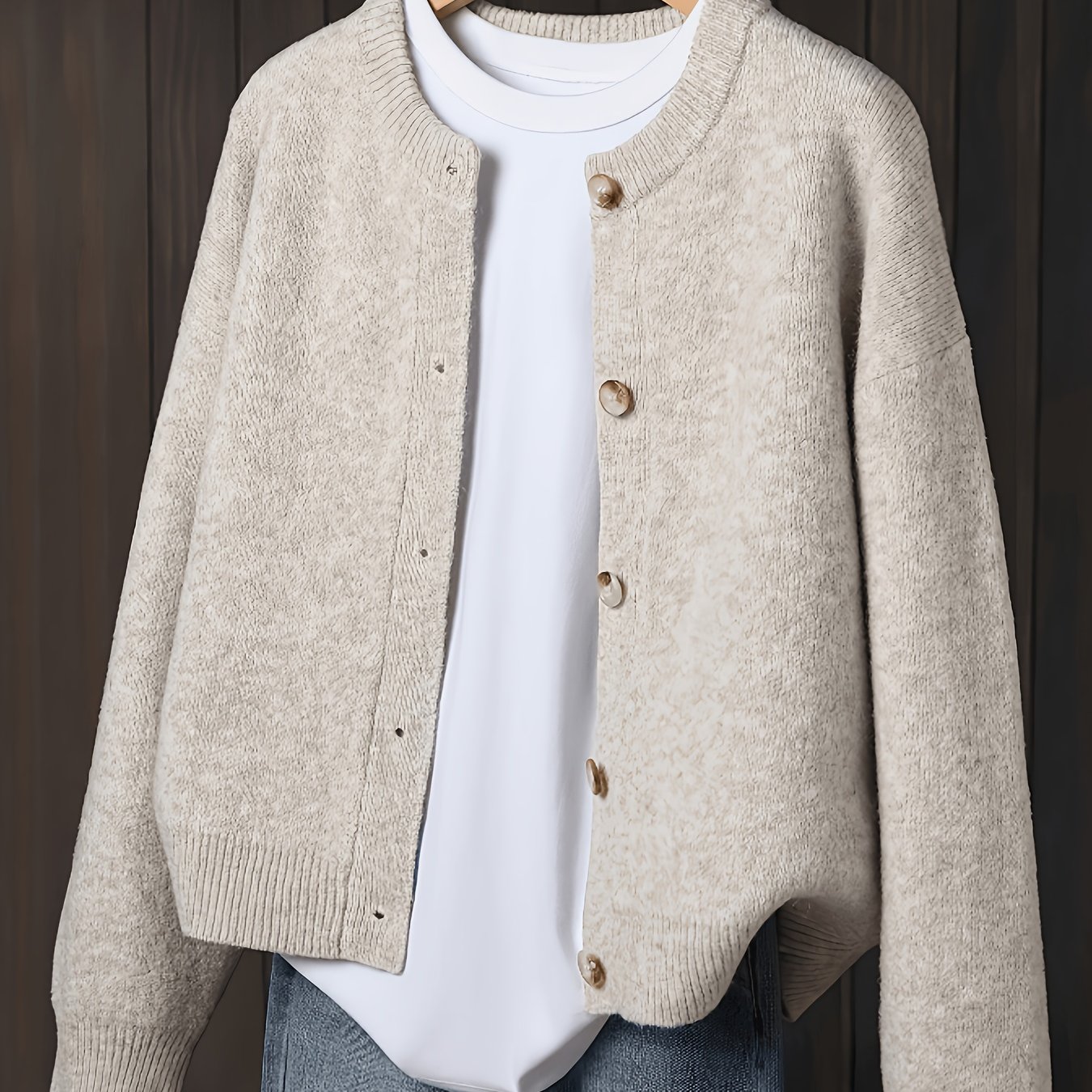TEMU Ms. Beige Cardigan, A Soft Long-sleeve Jacket With Front Button Design, Suitable For Autumn And Winter