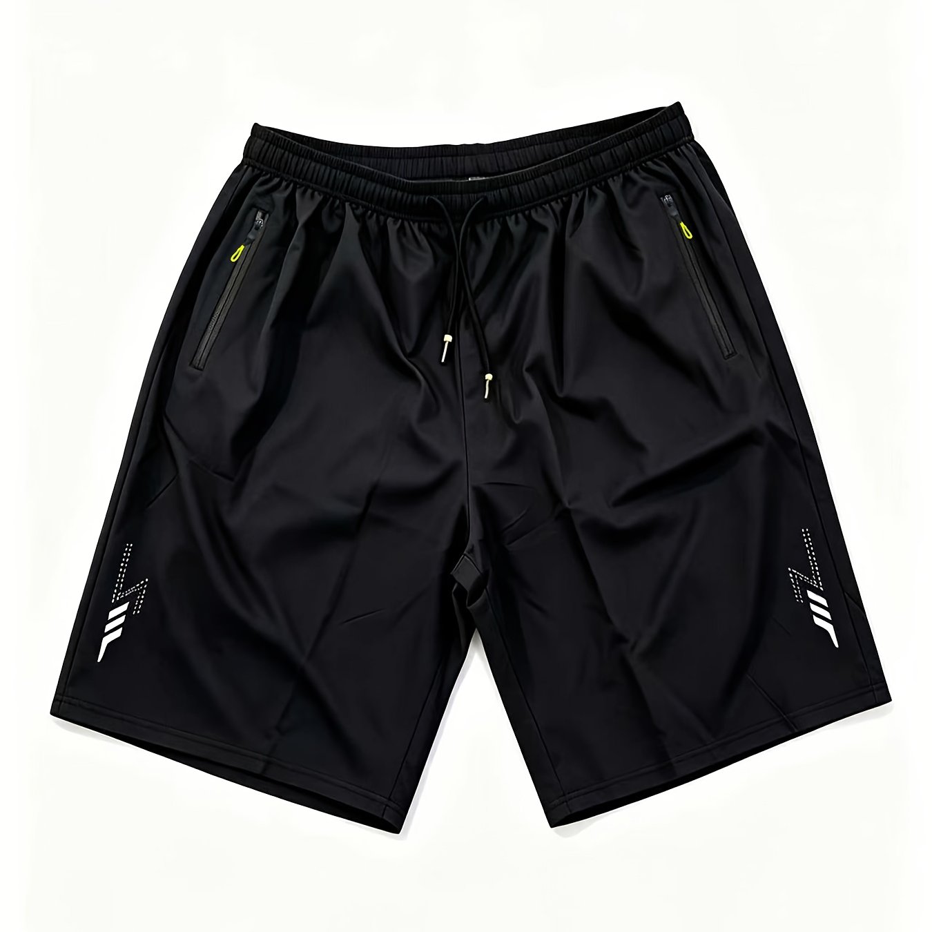 TEMU Men's Plus Size Quick-dry Athletic Shorts, Drawstring Waistband With Metal Rope Head, Side Zipper Pocket With Yellow Zipper Head, Textured
