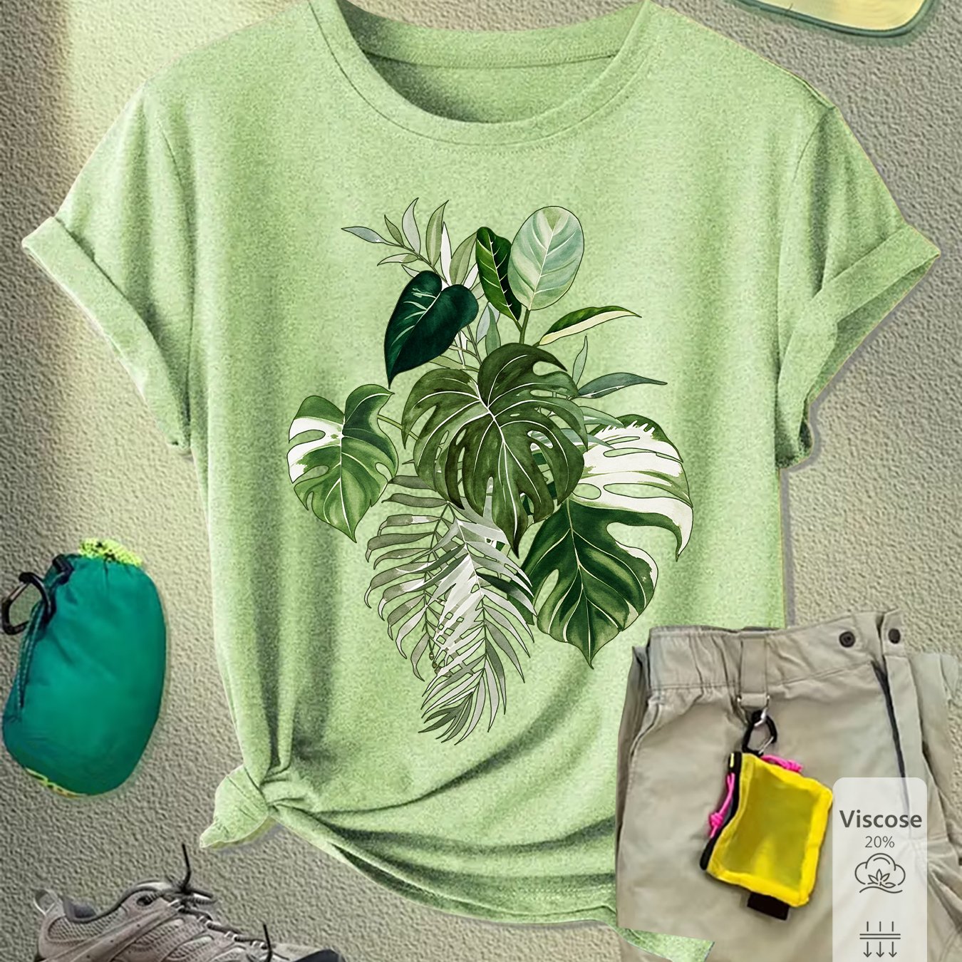 TEMU Women's Tropical Monstera Print T-shirt - Breathable Short Sleeve Round Neck Suitable For Gym, Training & Casual Wear, Non- Opaque Top, Machine