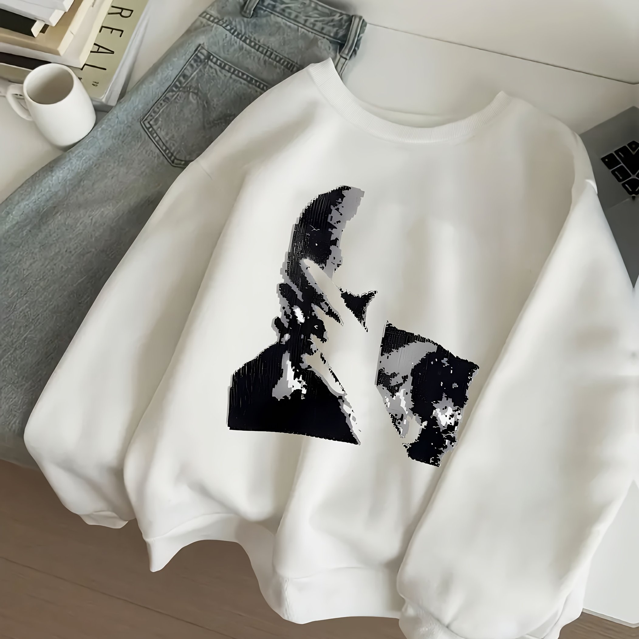 TEMU Women's Oversized Sweatshirt - Soft Polyester Long Sleeve With Unique Silhouette Design, Cream Casual Pullover For Fall/winter, Machine Washable