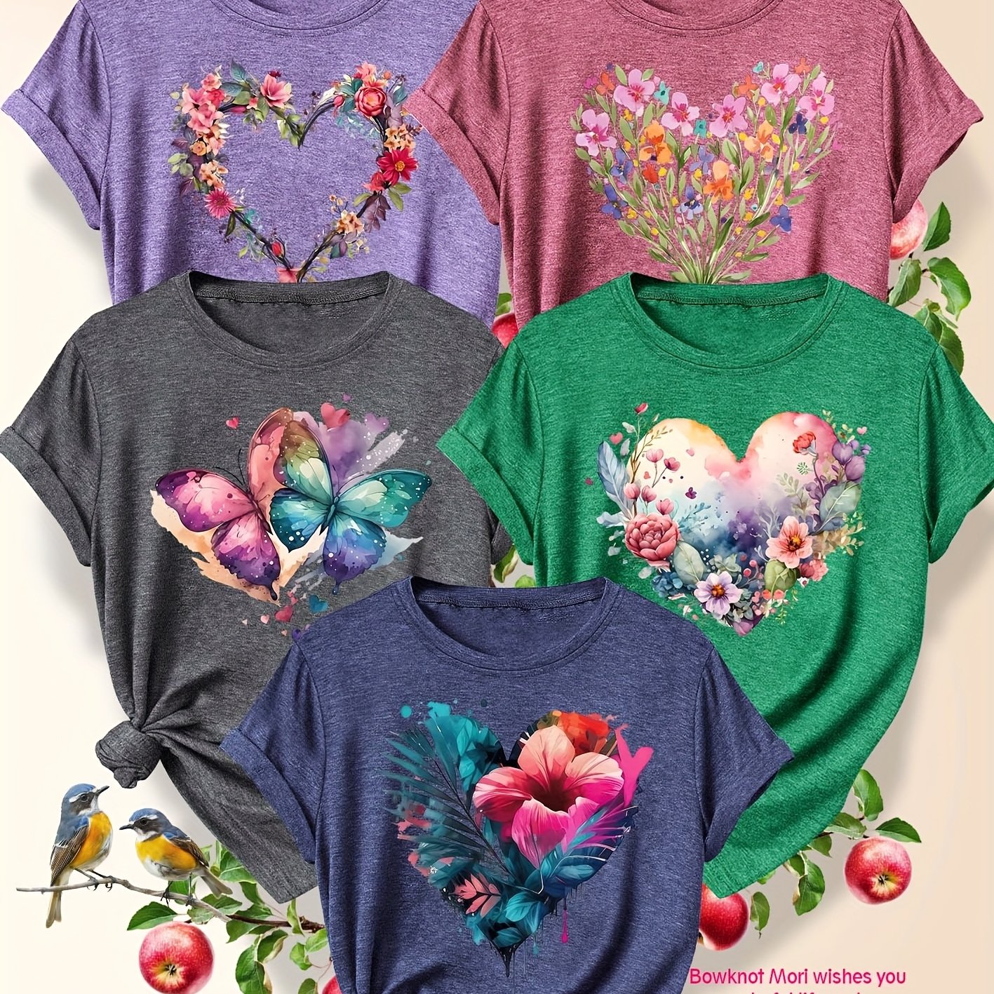 TEMU 5pcs Sister Family & Set Colorful Heart Print Round Neck Casual Sporty Fresh Elegant Plus Size Women's Short Sleeve T-shirt Fashion Vacation