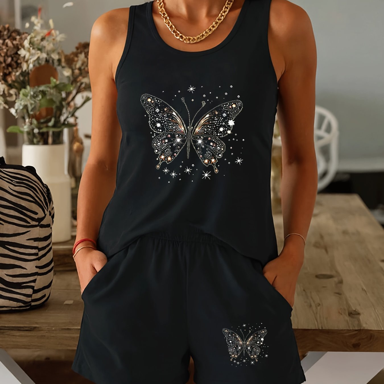 TEMU Sequin Vest And Shorts 2pcs Set, Sleeveless, Summer Sparkling Casual Homewear, Comfortable Women's Fashion Clothing - Soft And Breathable,