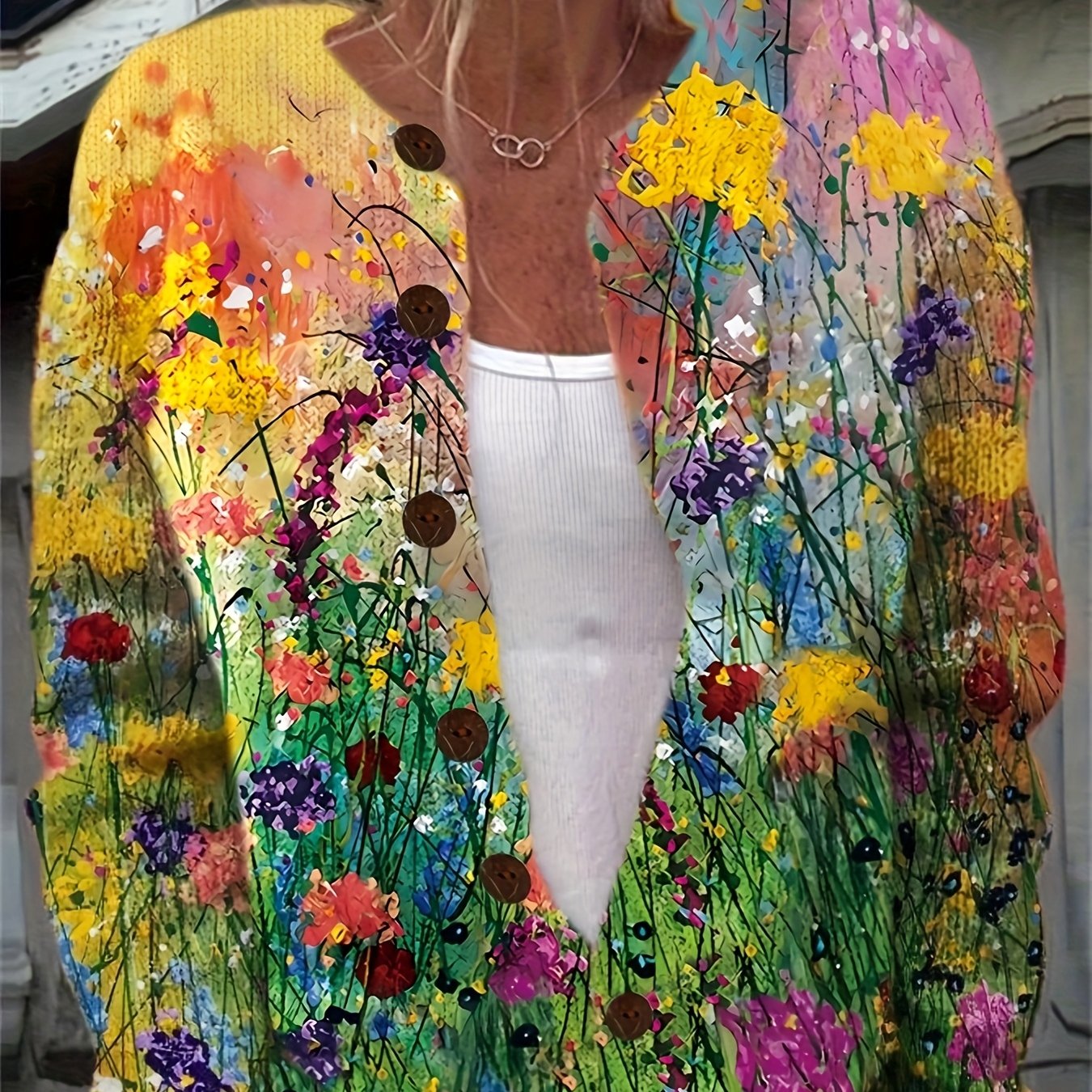 2d Flat Pattern Printed Colorful Floral Cardigan, Style