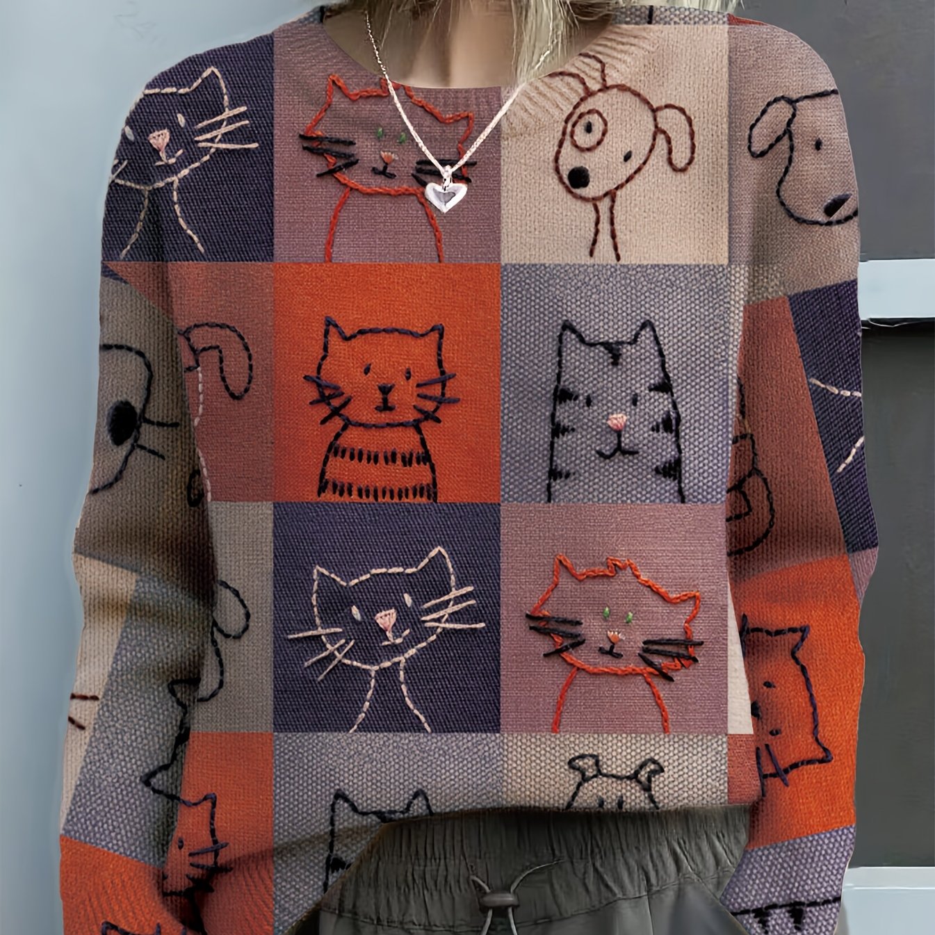 TEMU [printed Design â Not Textured] Valentine's Day Kitten Women's Shirt - Elegant Round Neck Sweater, Comfortable Layering Piece For Autumn And