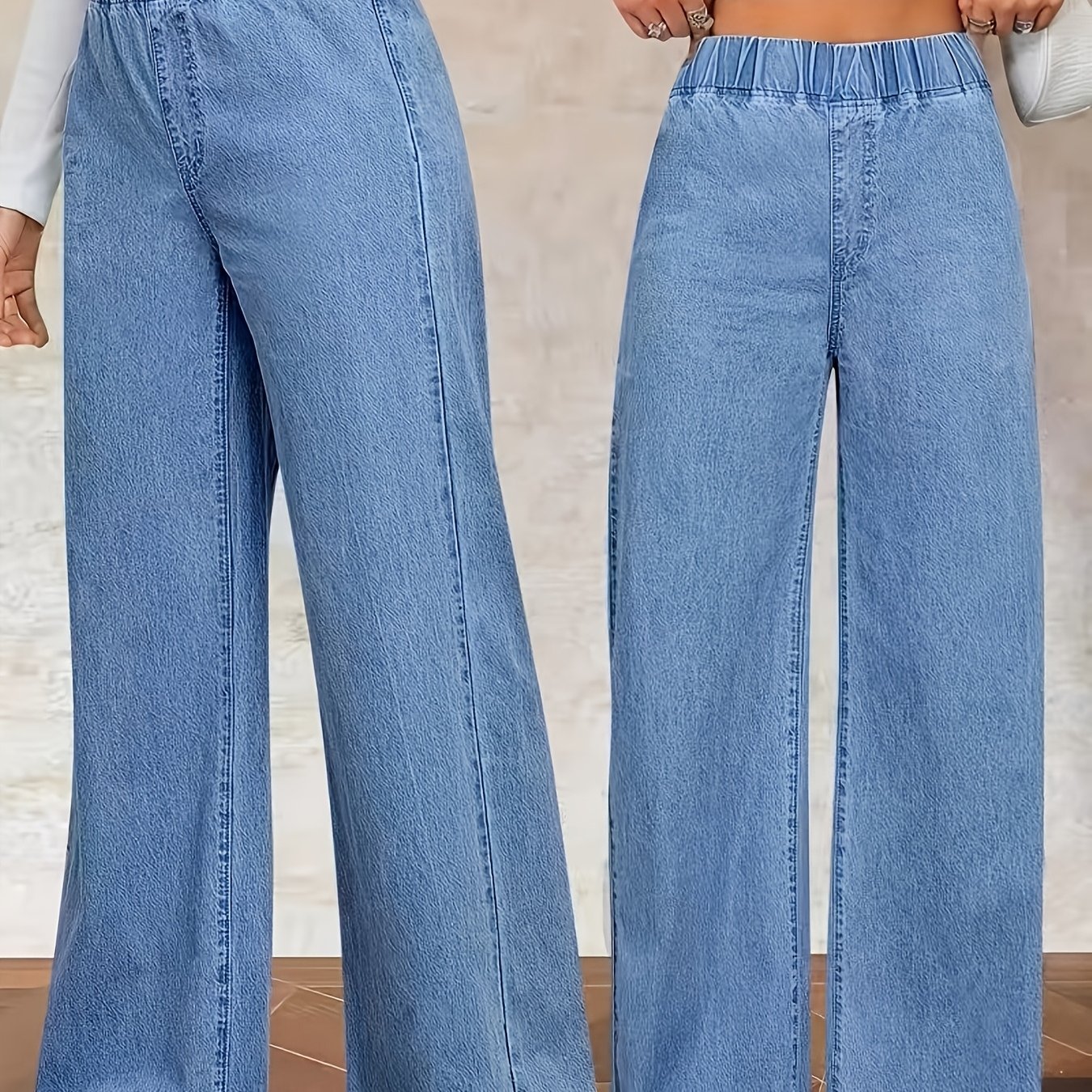Image of Women's Washed Casual High-waist Elastic Loose Waistband Jeans And Clothing, Plus Size Women's Denim Long Pants Versatile Elegant Wide-leg Cowgirl Plus Size Women's Denim Long Pants