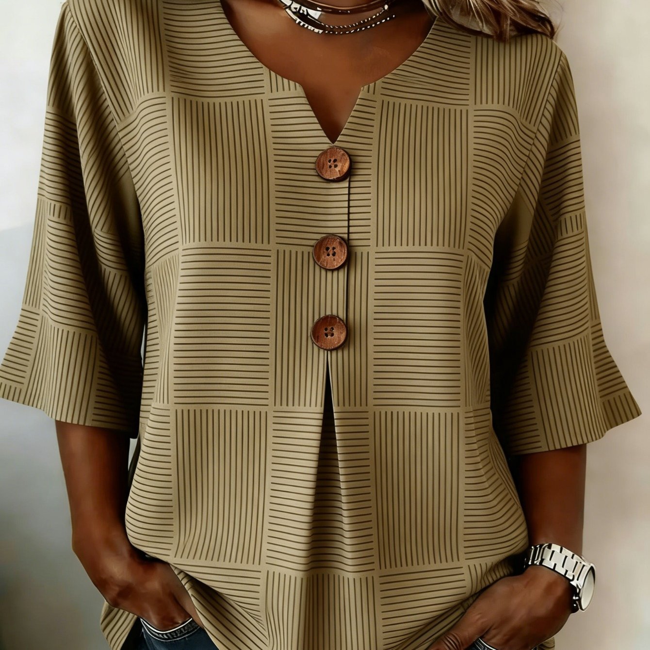 Plus Size - Large Size Women's V-neck Button Fabric Olive Green Striped Pattern Casual Top, Suitable For Daily Wear, Is For Him