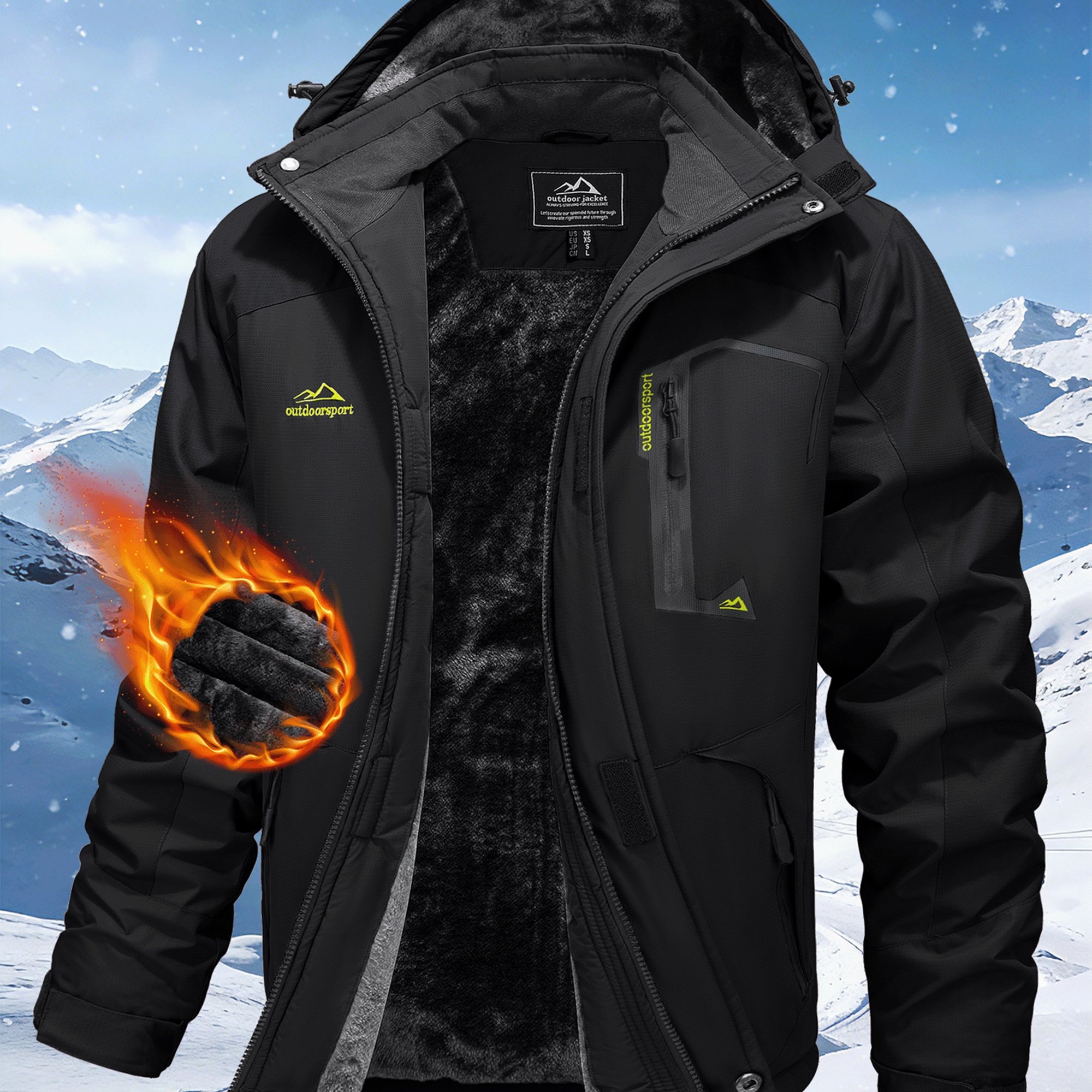 Image of Men's Ski Jacket Lined Insulated Thermal Snowboard Jacket With Hood Multiple Pockets For Daily Hiking Snow Jacket Parka Winter Coat