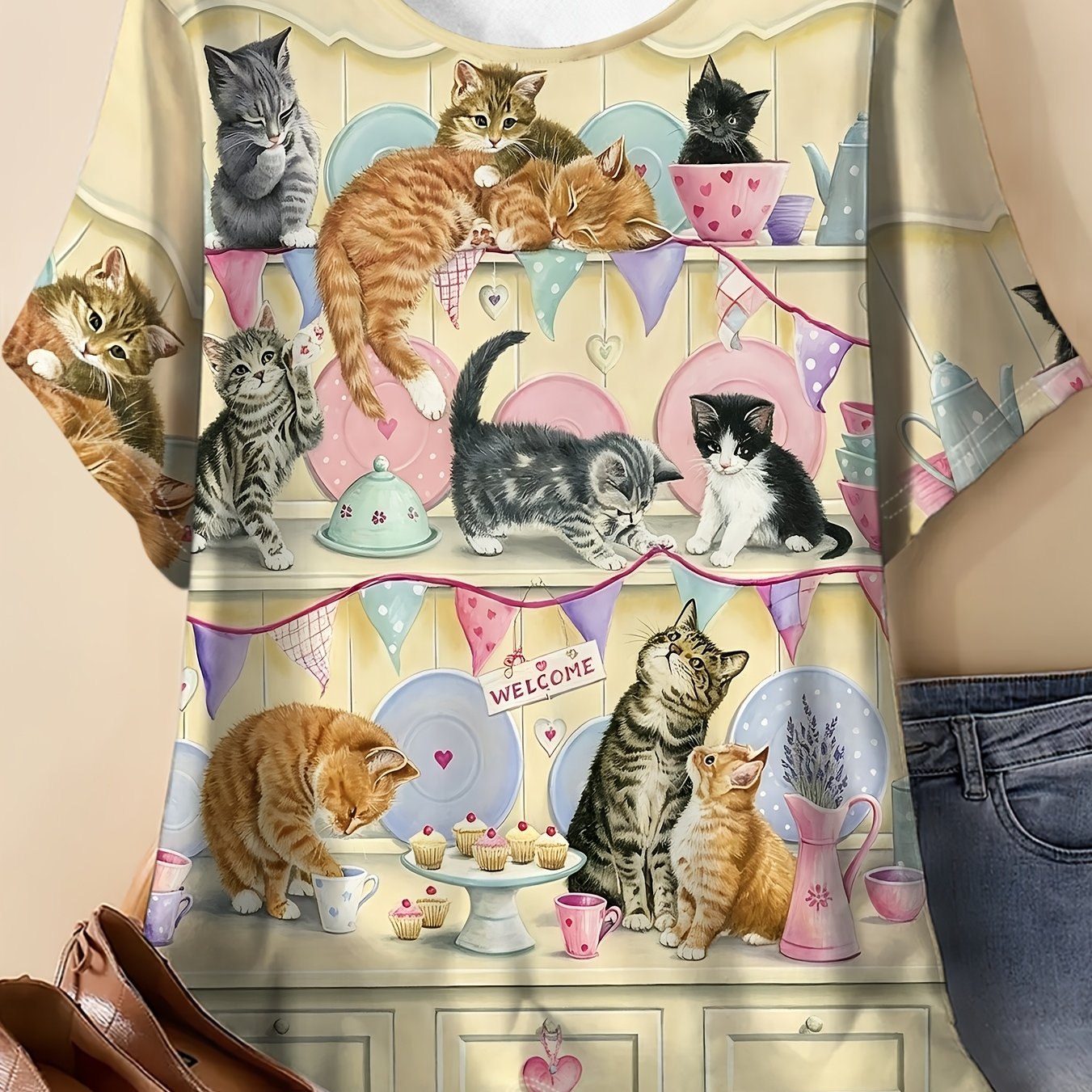 TEMU Women's Summer Plus Size Round Neck T-shirt, Multiple Kittens, Cabinet, Retro, Print