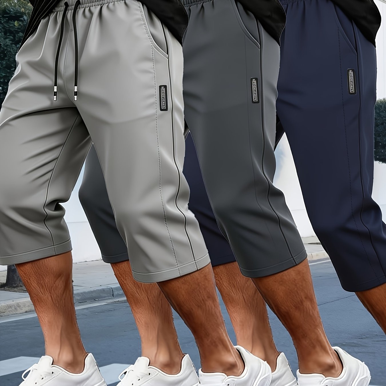 TEMU 3pcs Summer Men's Quick-dry Capri Pants, Loose Fit, Comfortable, Breathable, Slightly Stretchy Fabric, Elastic Waist With Drawstring, Side