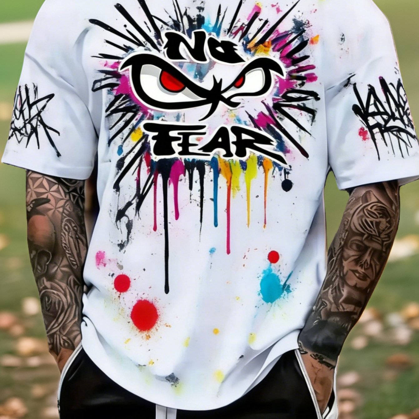 TEMU T-shirt da a maniche corte con stampa "" a cartone animato "Red-" sul , design con schizzi di gocciolato, lettere graffiti nere sui polsini,