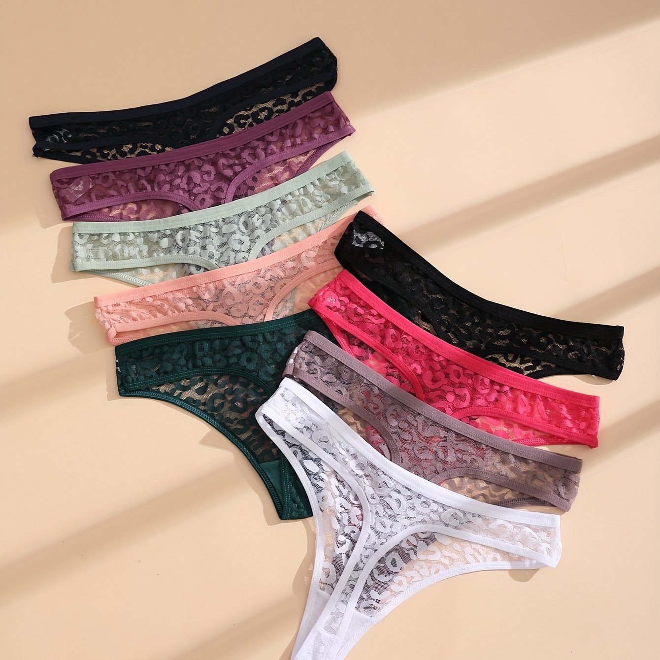 Image of Set Of 9 Lace And Mesh Thongs For Women, Seamless G-strings, Hollow And Sheer Undergarments, T-back Lingerie