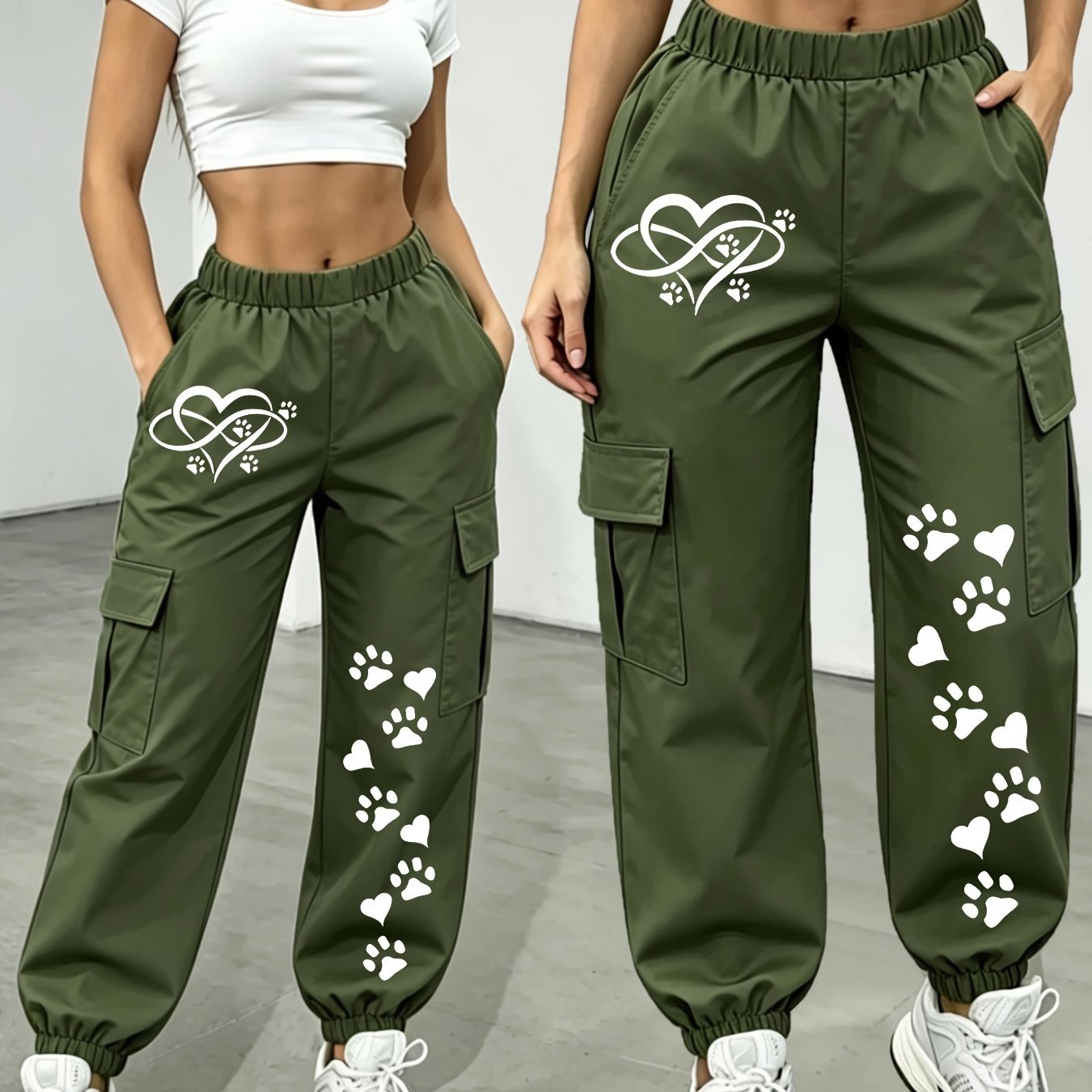 TEMU New Arrival - Women's Cargo Pants Sold Individually, Heart Print, Multi-pocket Cargo Style, Fashionable Long Pants For Women Ages 18-25, Machine