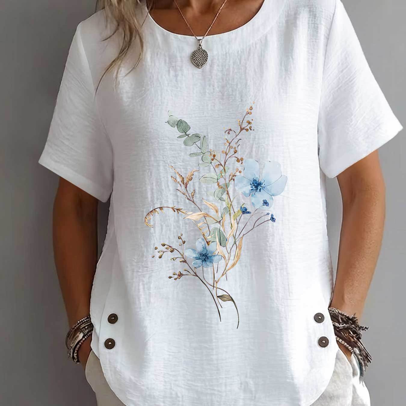 TEMU Spring And Summer Women's New Arrivals Top Watercolor Style Eucalyptus Leaves Blue Flowers Print Mature Casual Round Neck Short Sleeve Elegant