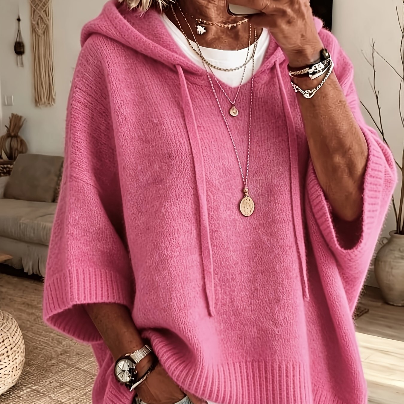 Women's Elegant Casual Cute Sexy Hooded Sweatshirt Cropped Batwing Sleeve Short Sleeve Mid Sleeve Cardigan Jacket Knitwear Plush Patterned Solid Warm Sweater